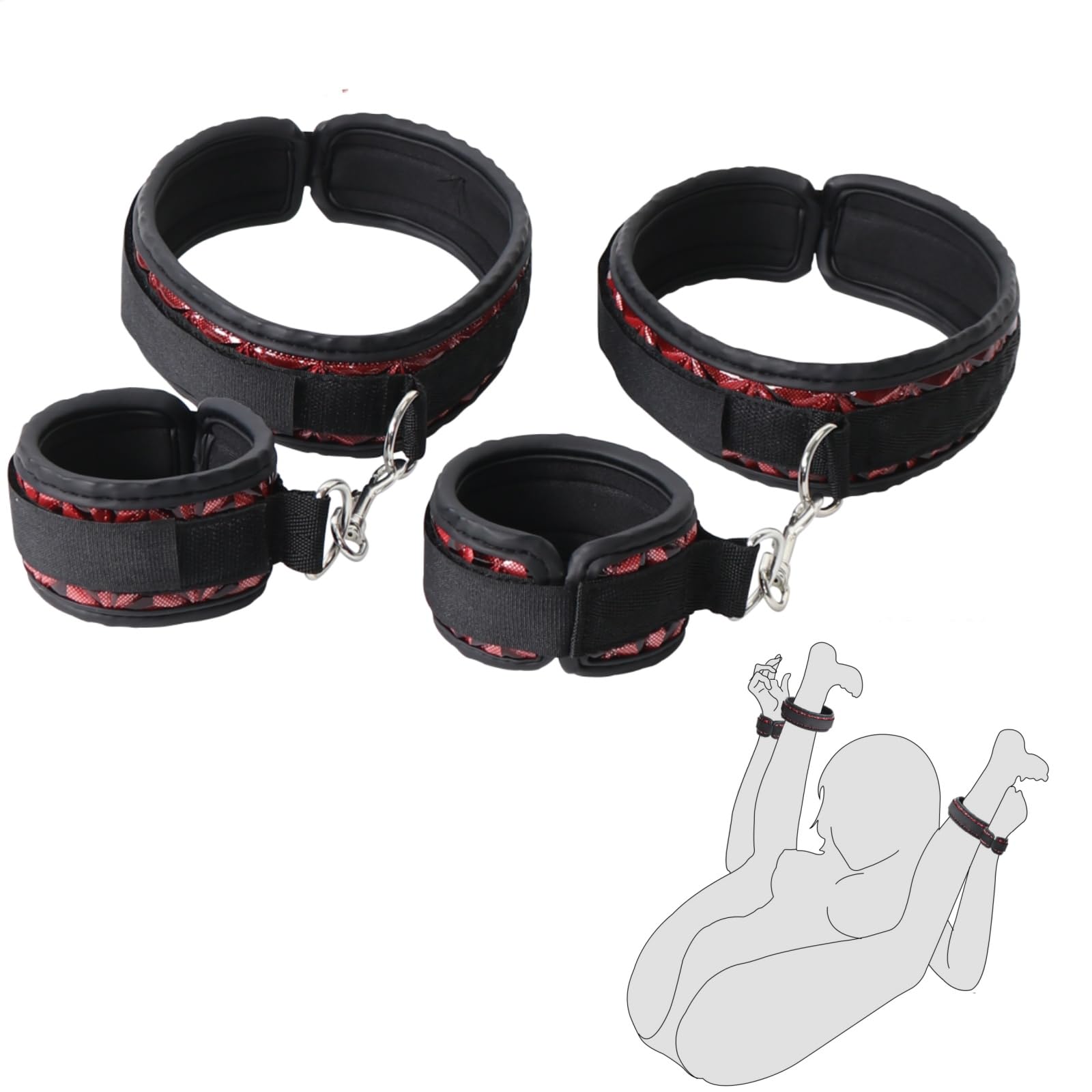 Sex Bondage Wrist & Thigh Cuffs BDSM Restraints Set, Sex Toys for Women with Adjustable Leg Straps Handcuffs for Couple Beginner SM Game Play: Red Black