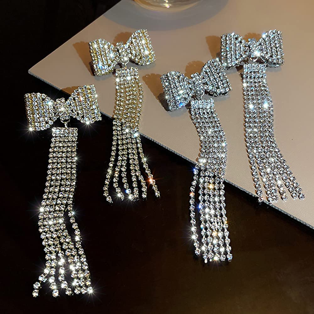 Wiwpar Long Fashion Bow Tassel Earrings Full Diamond Earrings Rhinestone Long Tassels Dangle Earrings for Women Girls thumbnail 4