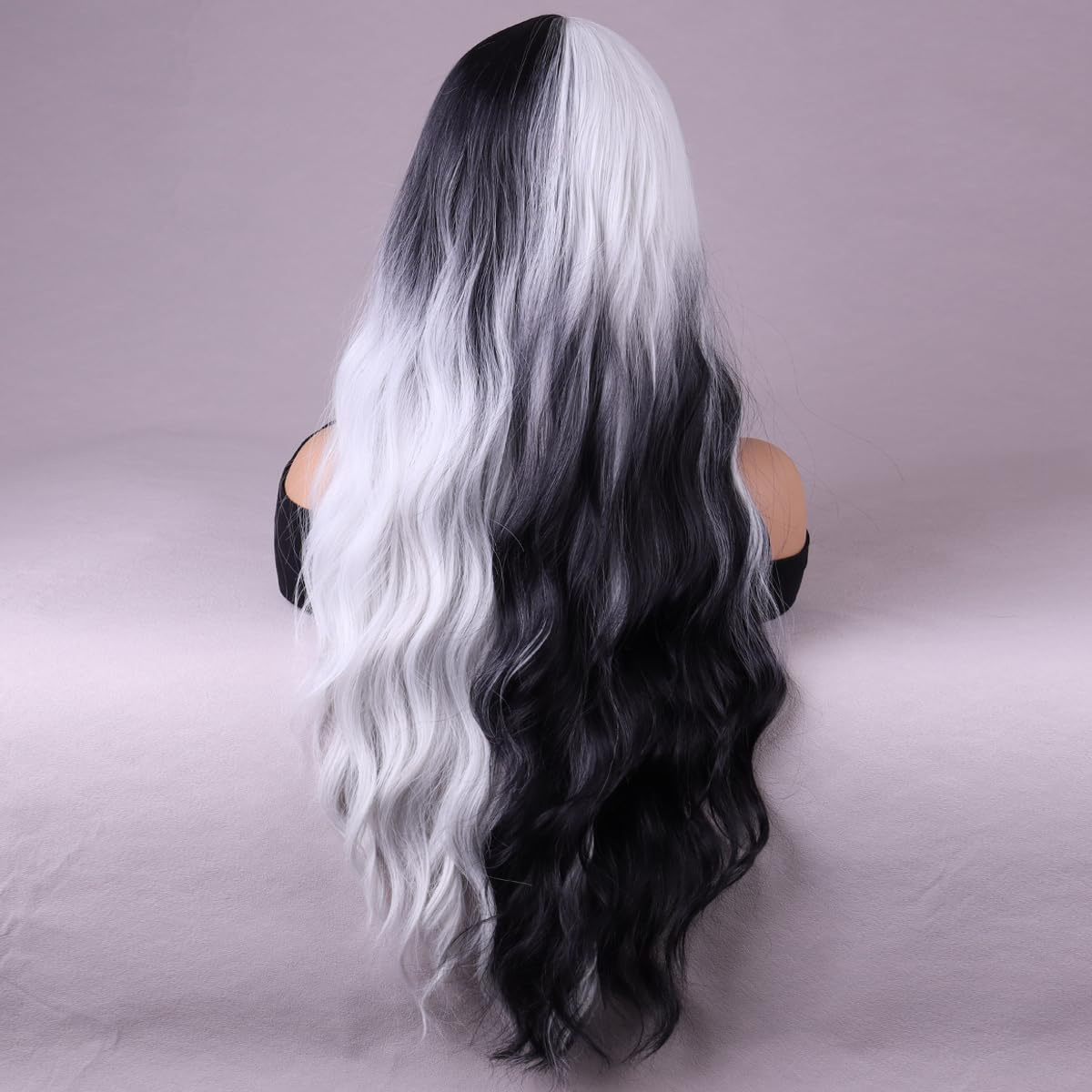 MAGQOO  Flame Fire Wig - Long Curly Wavy Ombre Wigs for Women & Girls - Middle Part, Heat Resistant, High Density Synthetic Wigs: Black White