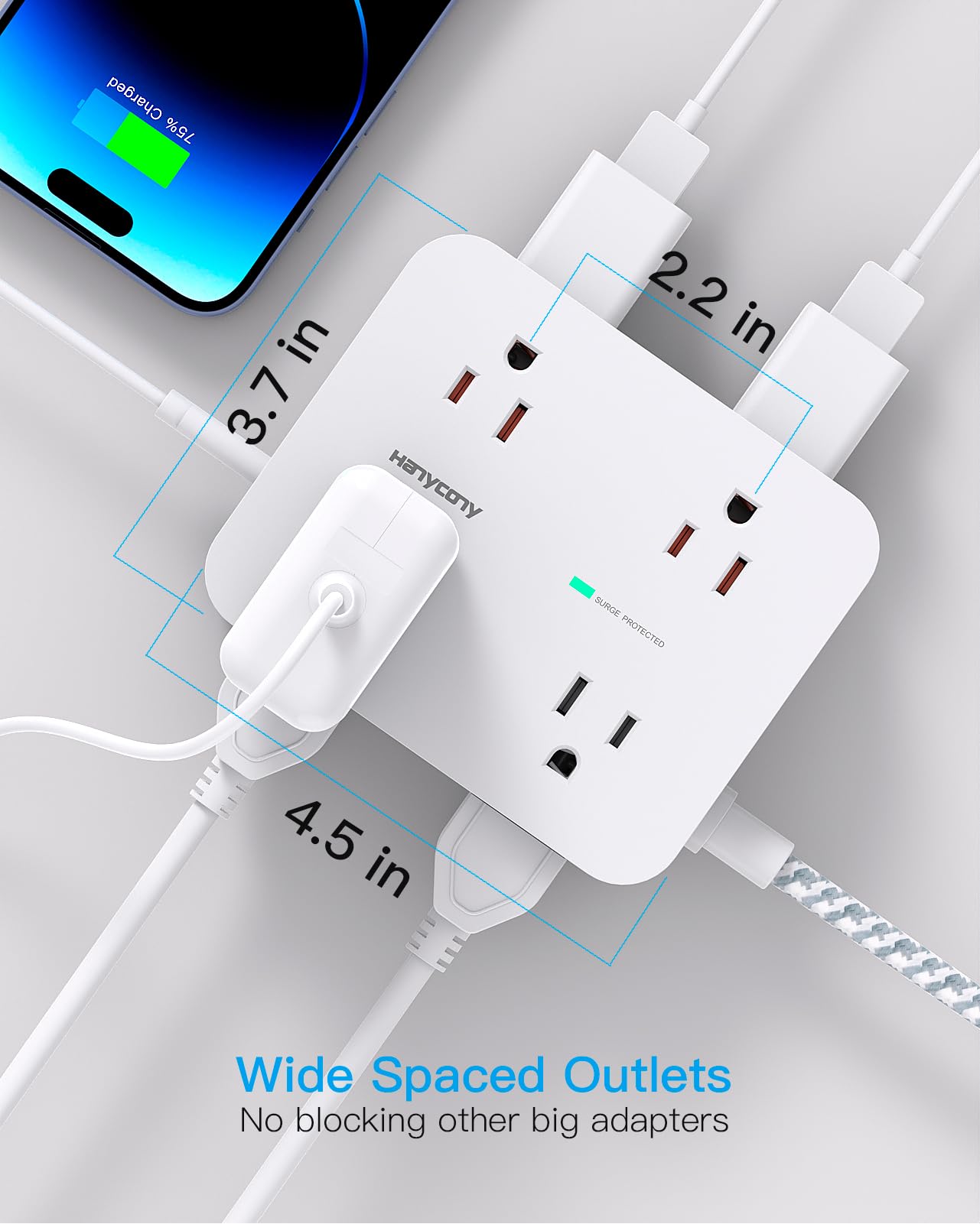 Surge Protector Power Strip - HANYCONY 8 Outlets 4 USB (2 USB C) Charging Ports, Multi Plug Outlet Extender, 5Ft Braided Extension Cord, Flat Plug Wall Mount Desk Charging Station for Home Office ETL: 10Ft White