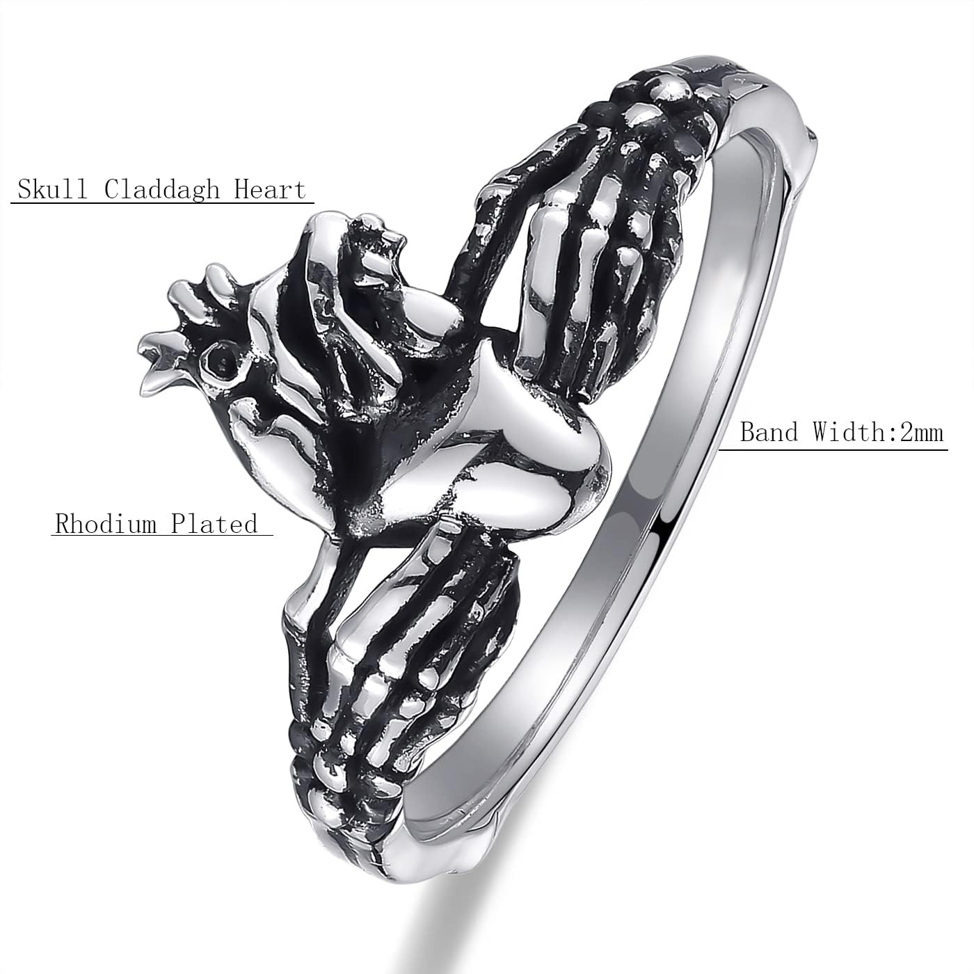 AVECON Skull Claddagh Heart Rings Silver Statement Rings Stackable Ring for Women Girls Native Heart Model Rings Size 5-9