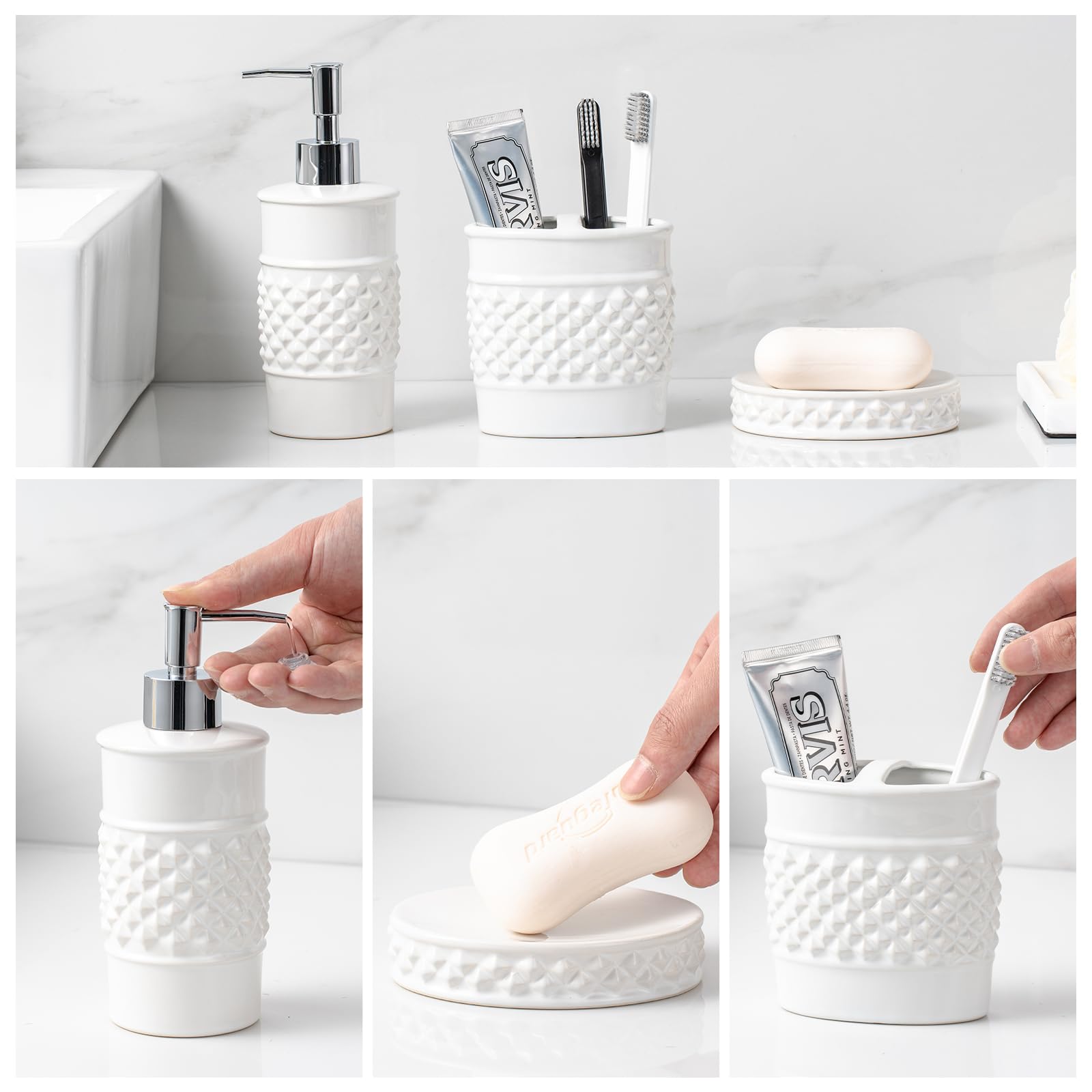 Bathroom Accessory Set, 3-Piece Ceramic Bath Accessories Set with Tray, Lotion Dispenser, and Tumbler thumbnail 4