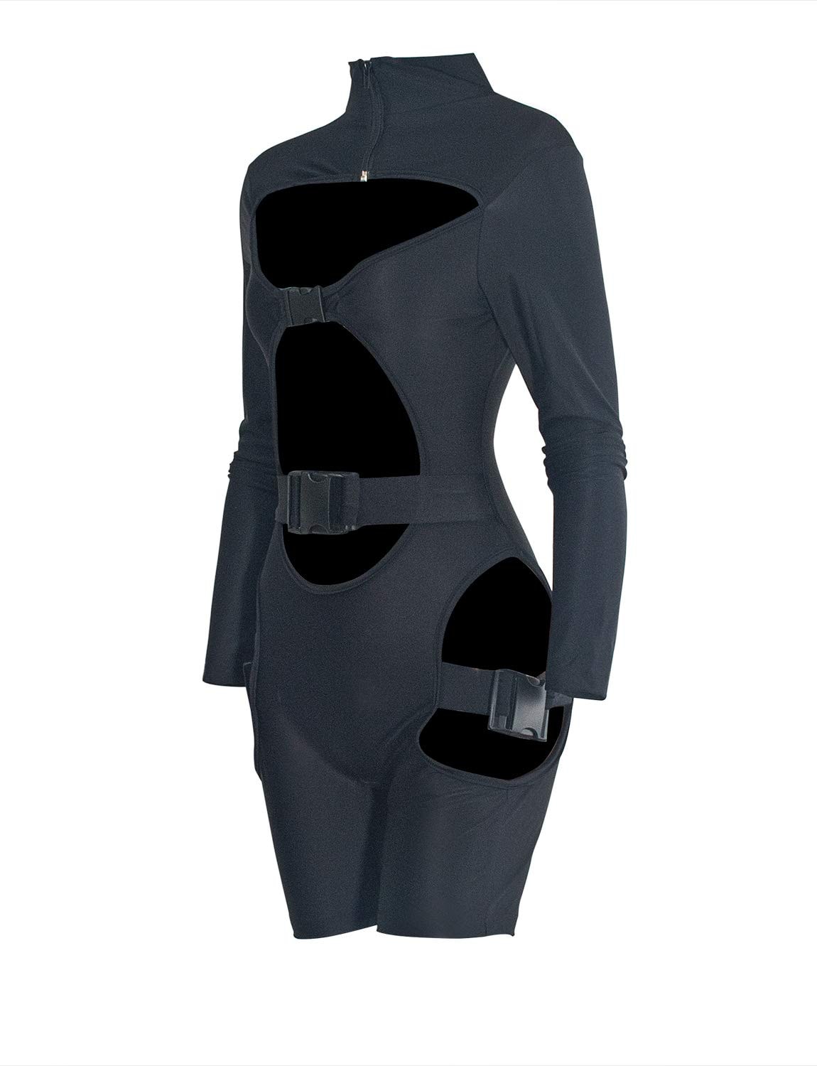 VWIWV Women Long Sleeves Jumpsuit Bodycon Buckle Romper Sexy Hollowing Out Bodysuit Short Jumpsuit Pants: Small Black