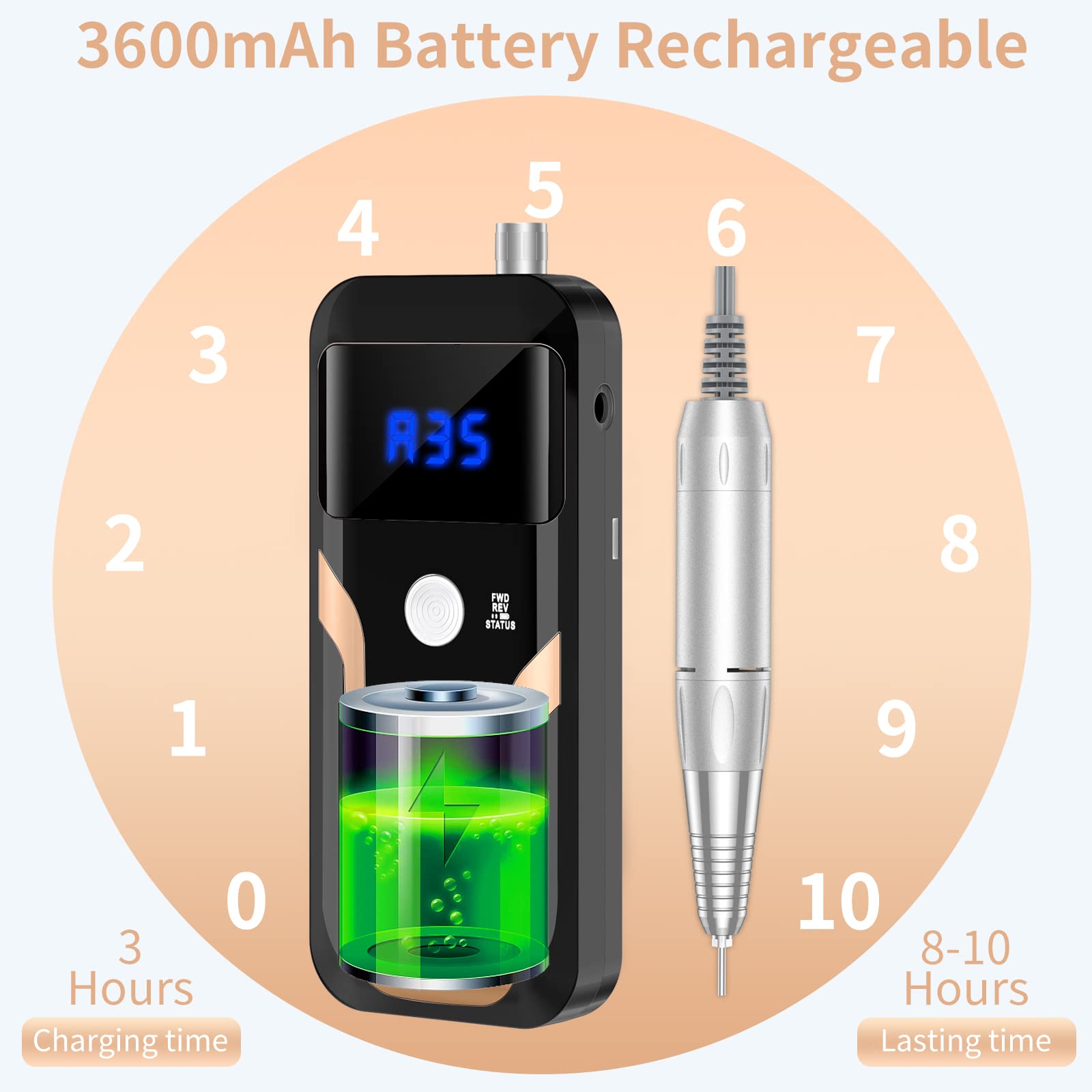 Portable Nail Drill Professional 35000 RPM, MOCOWIND Rechargeable Electric Nail File Machine E File for Acrylic Gel Polishing Removing, Cordless E-File with Bits Kit for Manicure Salon Home,: Black