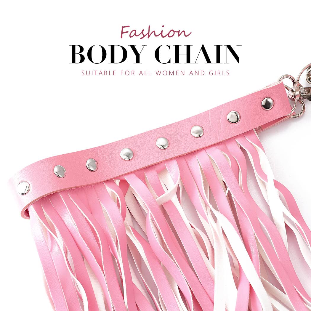 Asooll Punk Leather Waist Chain Tassel Fringe Belly Belt Harness Bikini Rave Body Accessories Jewerly for Women and Girls: Pink