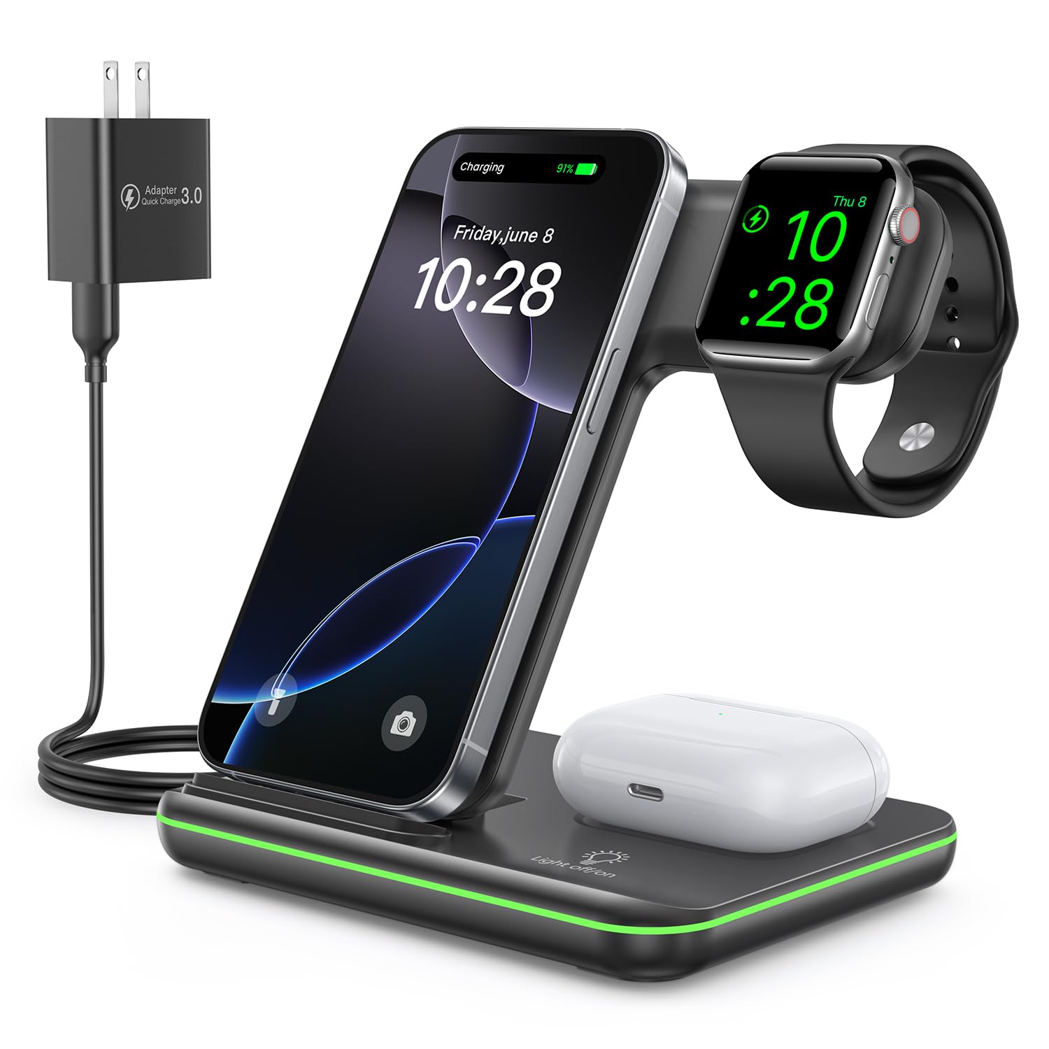 WAITIEE Wireless Charger 3 in 1 Charging Station for for iPhone 16 15 14 13 12 11 X 8 & for Apple Watch, for AirPods 1/2/3/Pro/Pro 2 with Lightning Charging Case(Purple)
