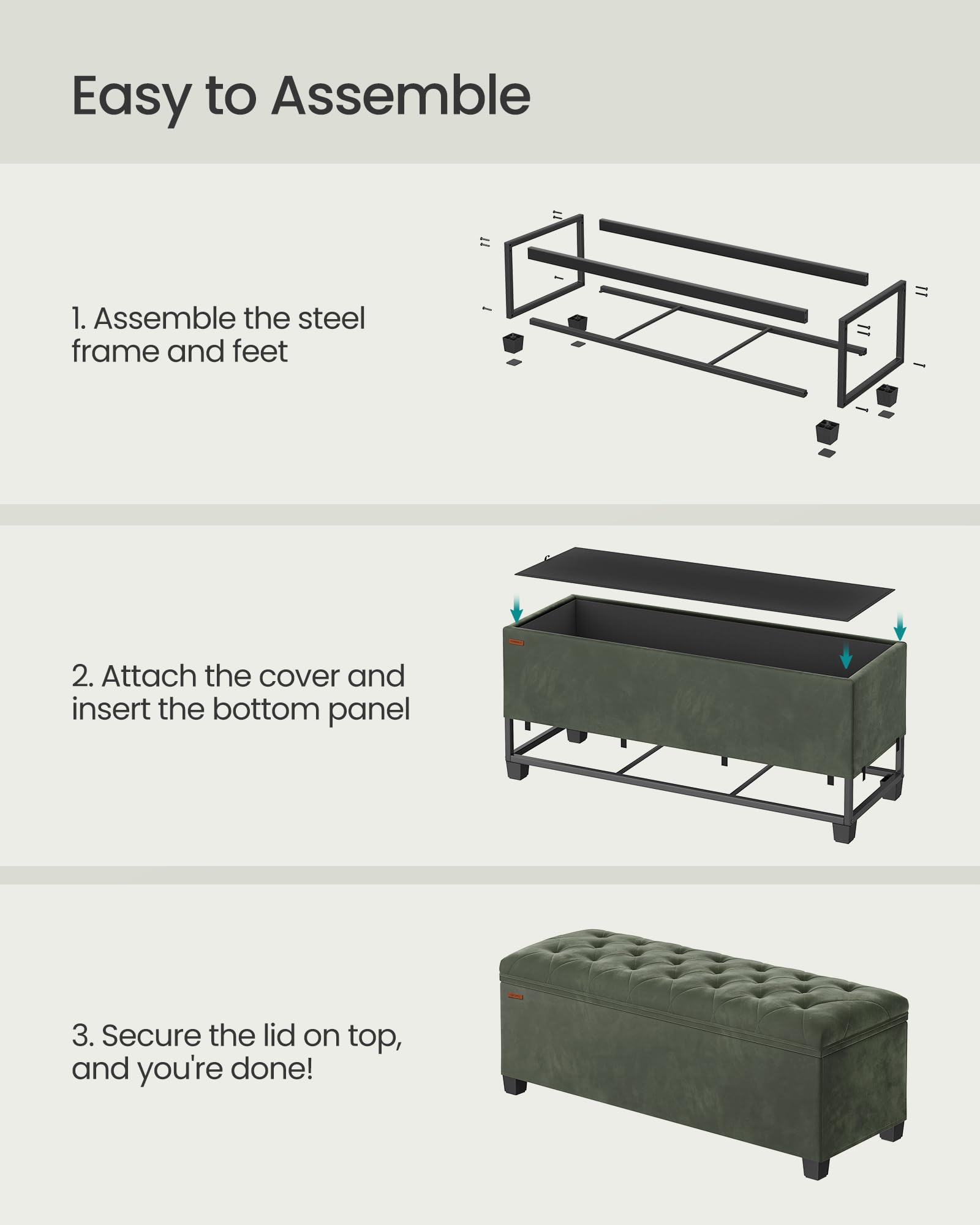 SONGMICS Velvet Storage Ottoman Bench, Foot Rest with Legs, 15.7 x 43 x 15.7 Inches, End of Bed Bench, Storage Chest, Load up to 660 lb, for Living Room, Bedroom, Entryway,  ULSF089C01: Forest Green
