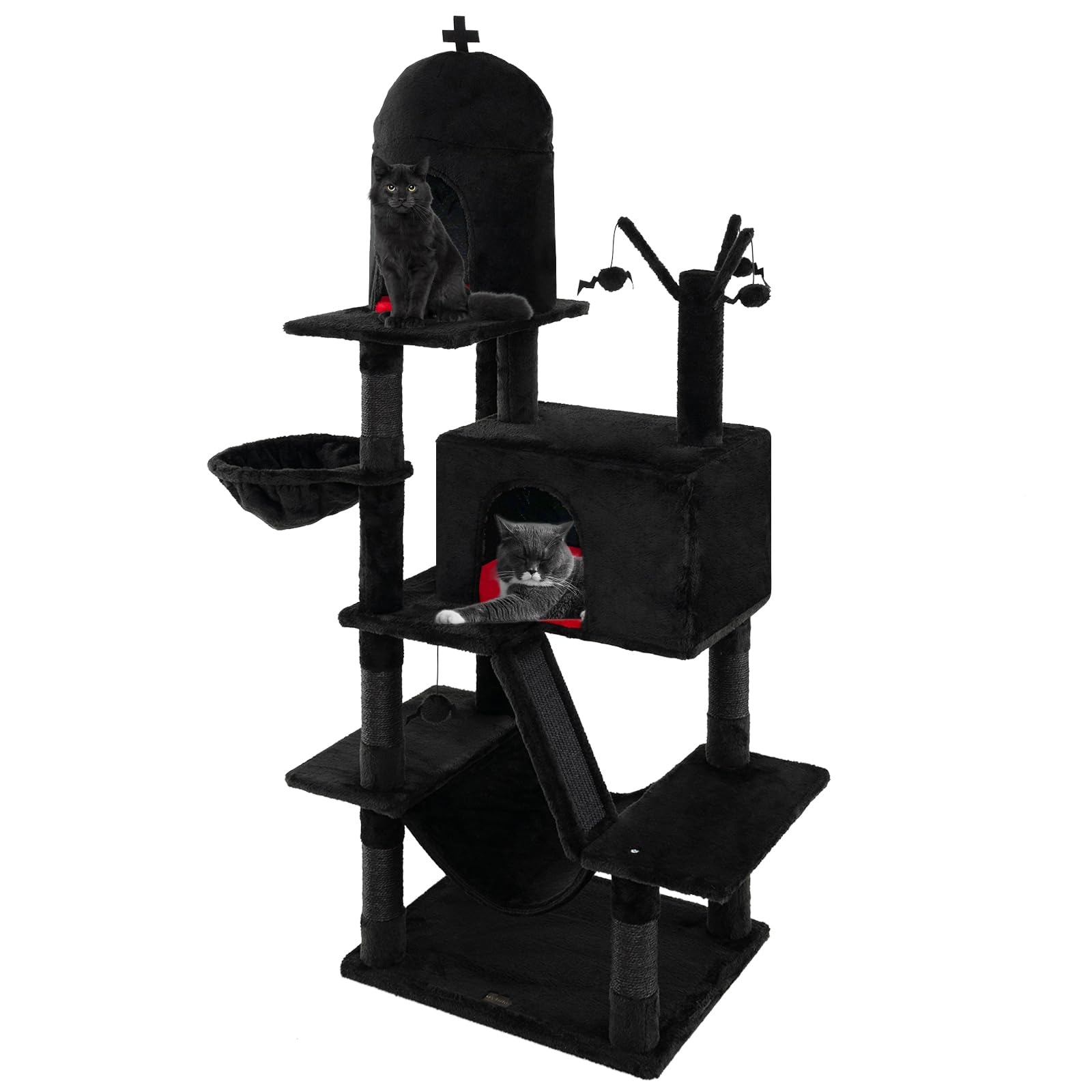 PETSITE 67 inch Tall Gothic Cat Tree, Multi-Level Halloween Cat Tree with Scratching Posts and Ladder, Cat Condos, Spooky Dangling Balls, Hammock, and Basket Bed, Goth Cat Tree for Indoor Cats, Black