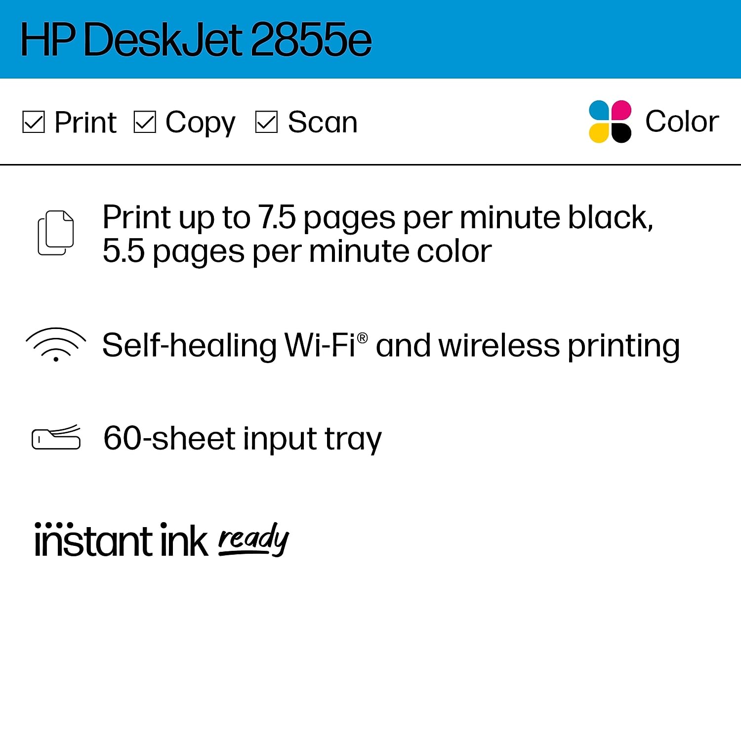 HP DeskJet 2855e Wireless All-in-One Color Inkjet Printer, Scanner, Copier, Best for home, 3 months of Instant Ink included, Single-band Wi-Fi connectivity (588S5A)