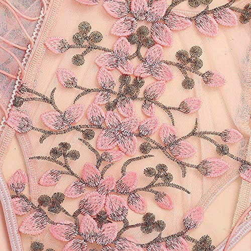 Lilosy Women Sexy Lace Up Floral Embroidered Teddy Lingerie Bodysuit Top Mesh Sheer One Piece: Small Pink
