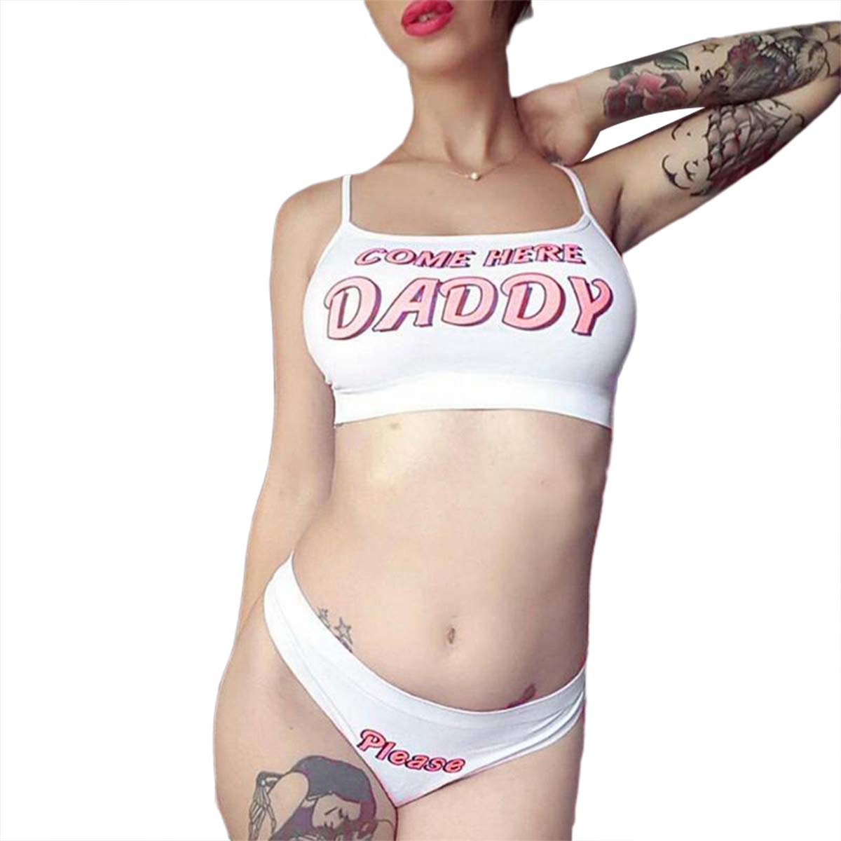 Multitrust Sexy Women Come Here Daddy Please Strappy Lingerie Set 2PCS Slutty Underwear Tank Tops and Panty Pajamas Sleepwear - Image 2