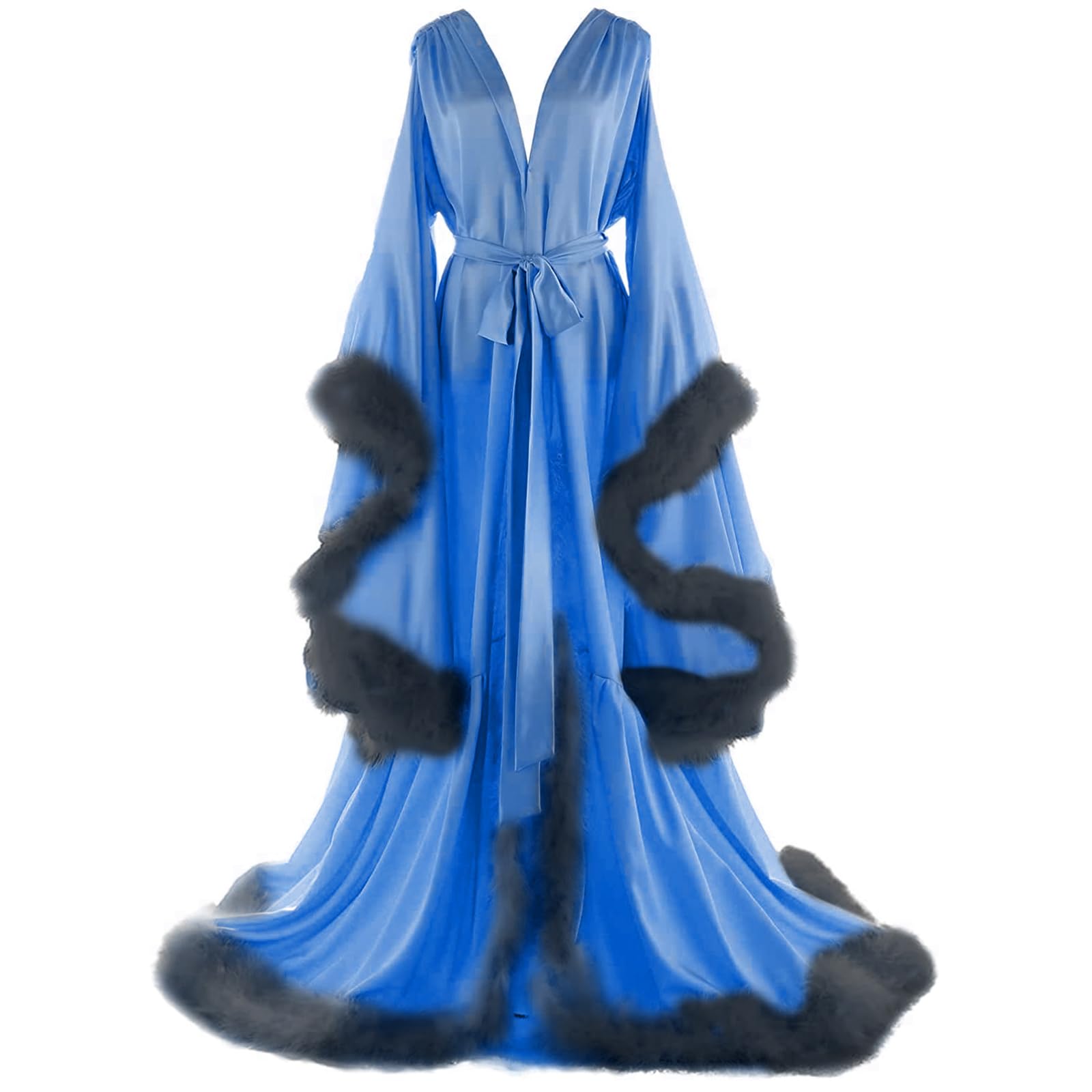 Daily Life Mall Women's Feather Bridal Robes Old Hollywood Maternity Photoshoot Nightgown Silk Bathrobe Long Lingerie: Large Blue+black