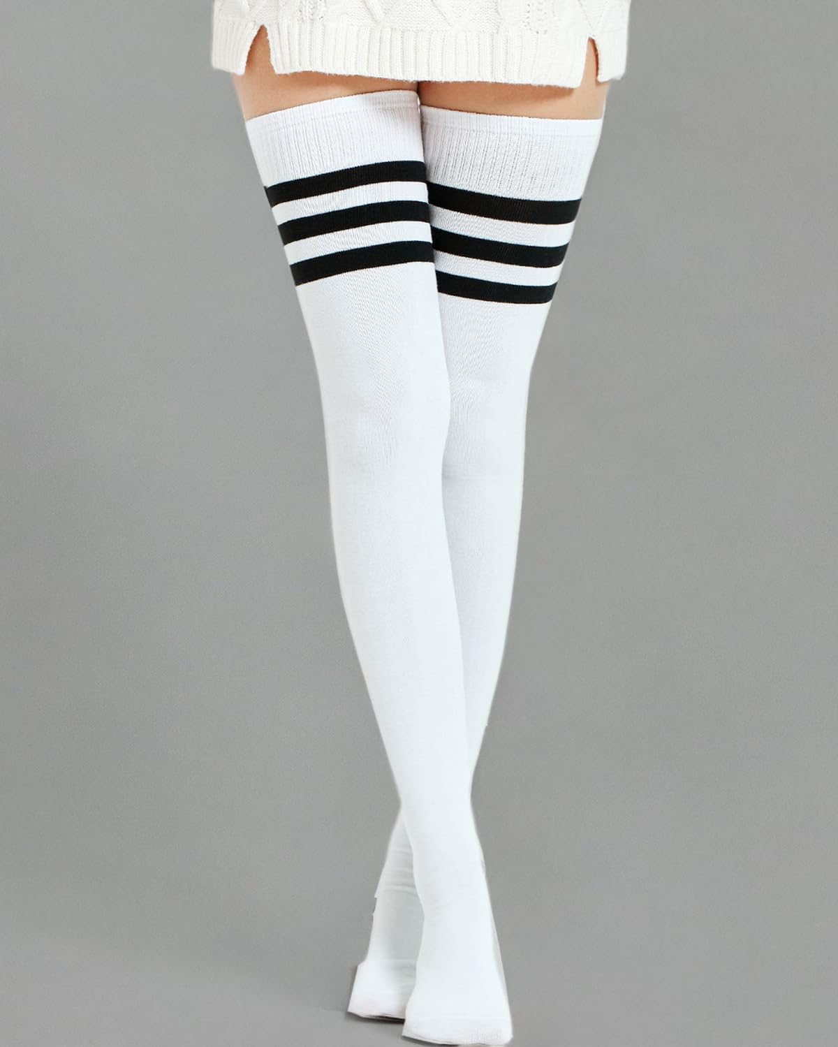 Kayhoma Extra Long Cotton Stripe Thigh High Socks Over the Knee High Plus Size Stockings…: White