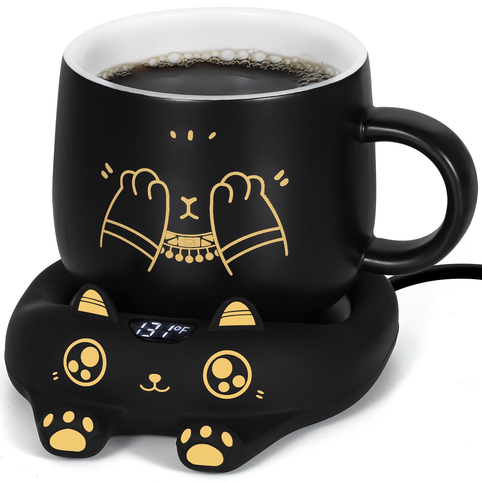 PUSEE Coffee Mug Warmer & Cute Cat Mug Set, Coffee Cup Warmer for Desk with Auto Shut Off, Beverage Warmer with 3 Temp Settings, Candle Warmer Coffee Warmer with Mug Set for Christmas & Birthday Gifts: Ador Black Set
