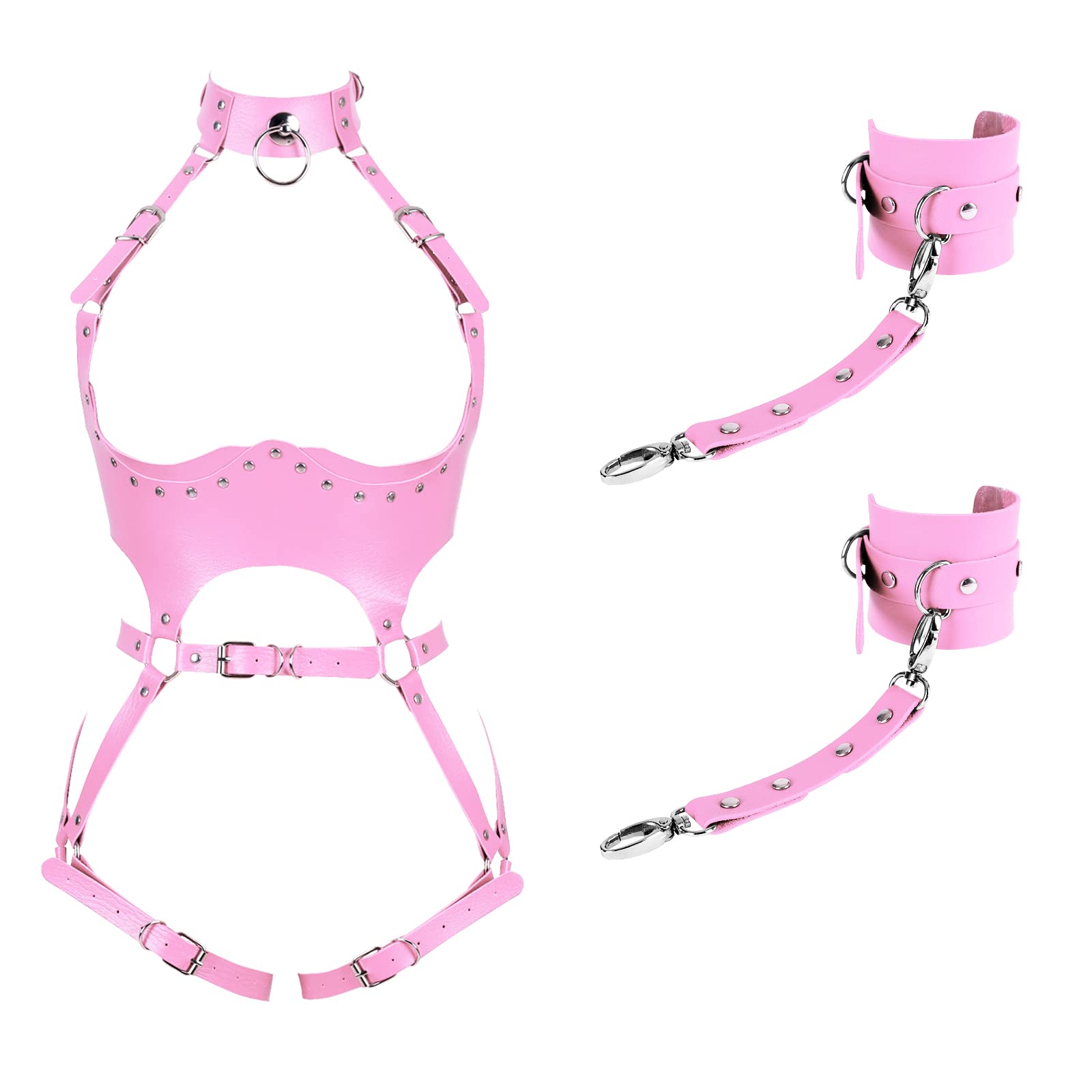 Waist Garter belt Punk Full body harness for women Photography Dance Rock Halloween Leather cage Chest strap set: Pink