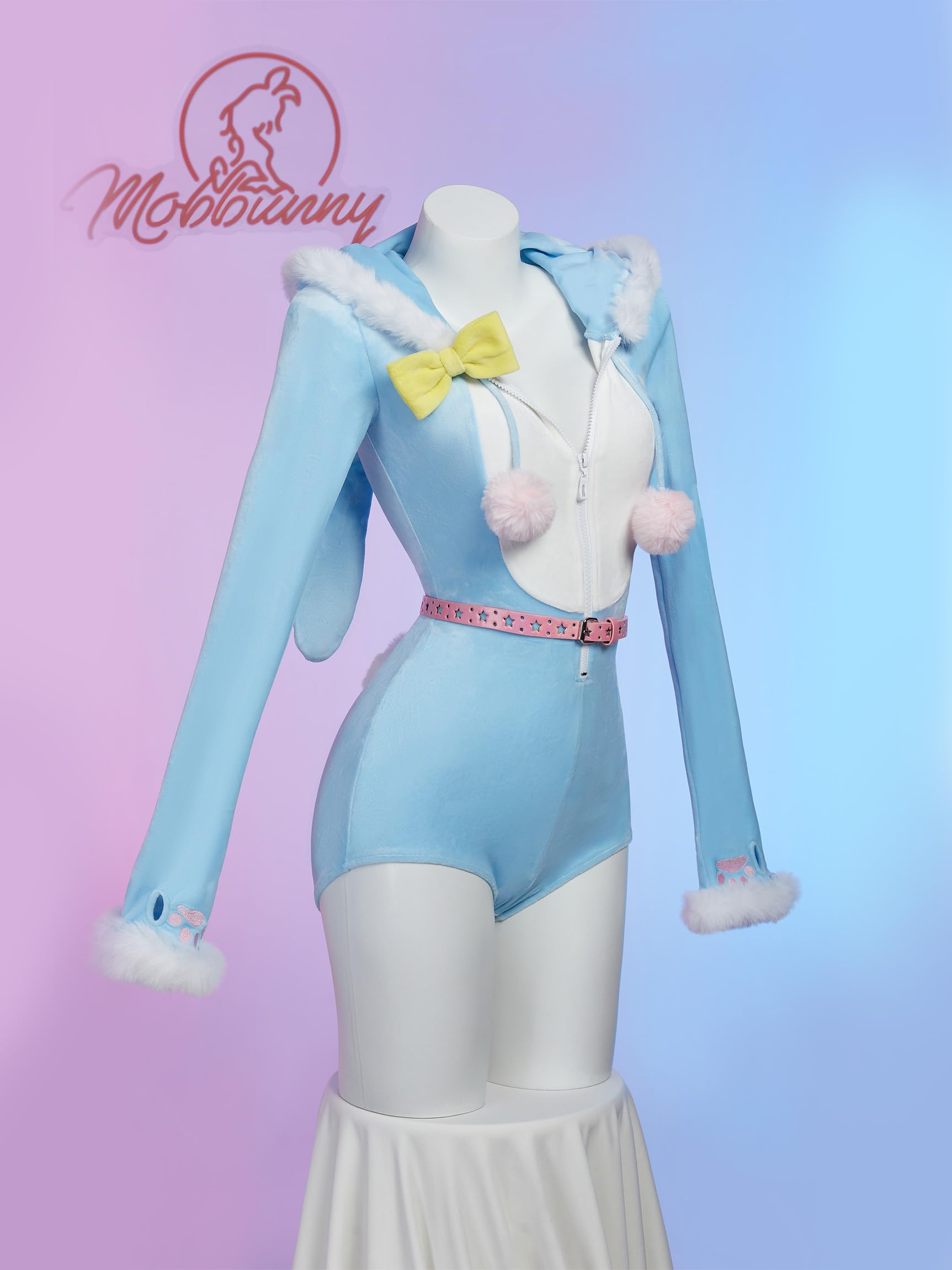 Mobbunny Easter Bunny Costume Rabbit Romper Onesie Plush Pajama Bodysuit Fluffy Bodycon Hooded Jumpsuit with Tail