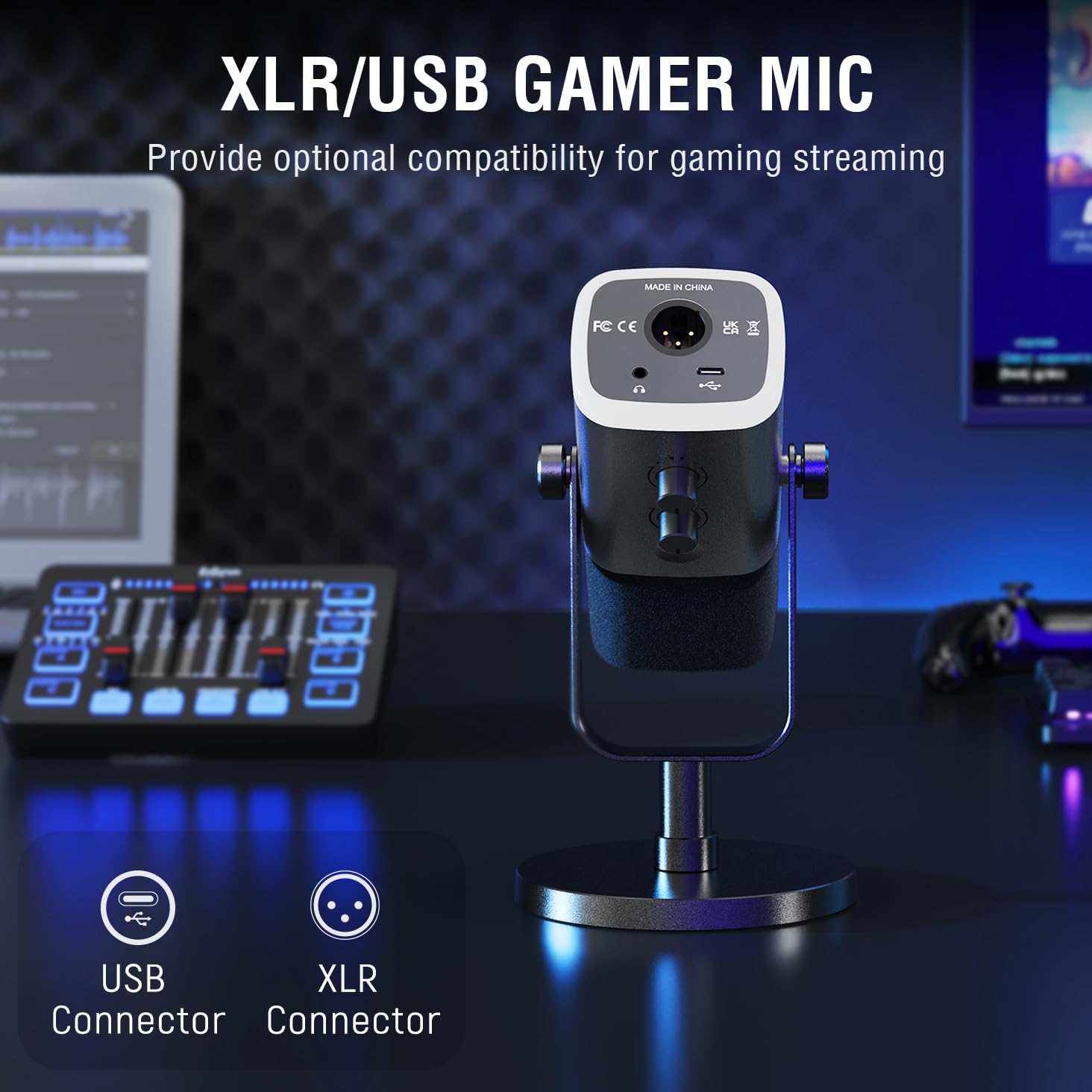 FIFINE Gaming Equipment Bundle, Dynamic XLR/USB Gaming Microphone Set with Streaming Audio Mixer for Podcast Recording Video Vocal, RGB Gamer Set with Volume Fader/XLR Interface for PC-AmpliGame KS5: Black