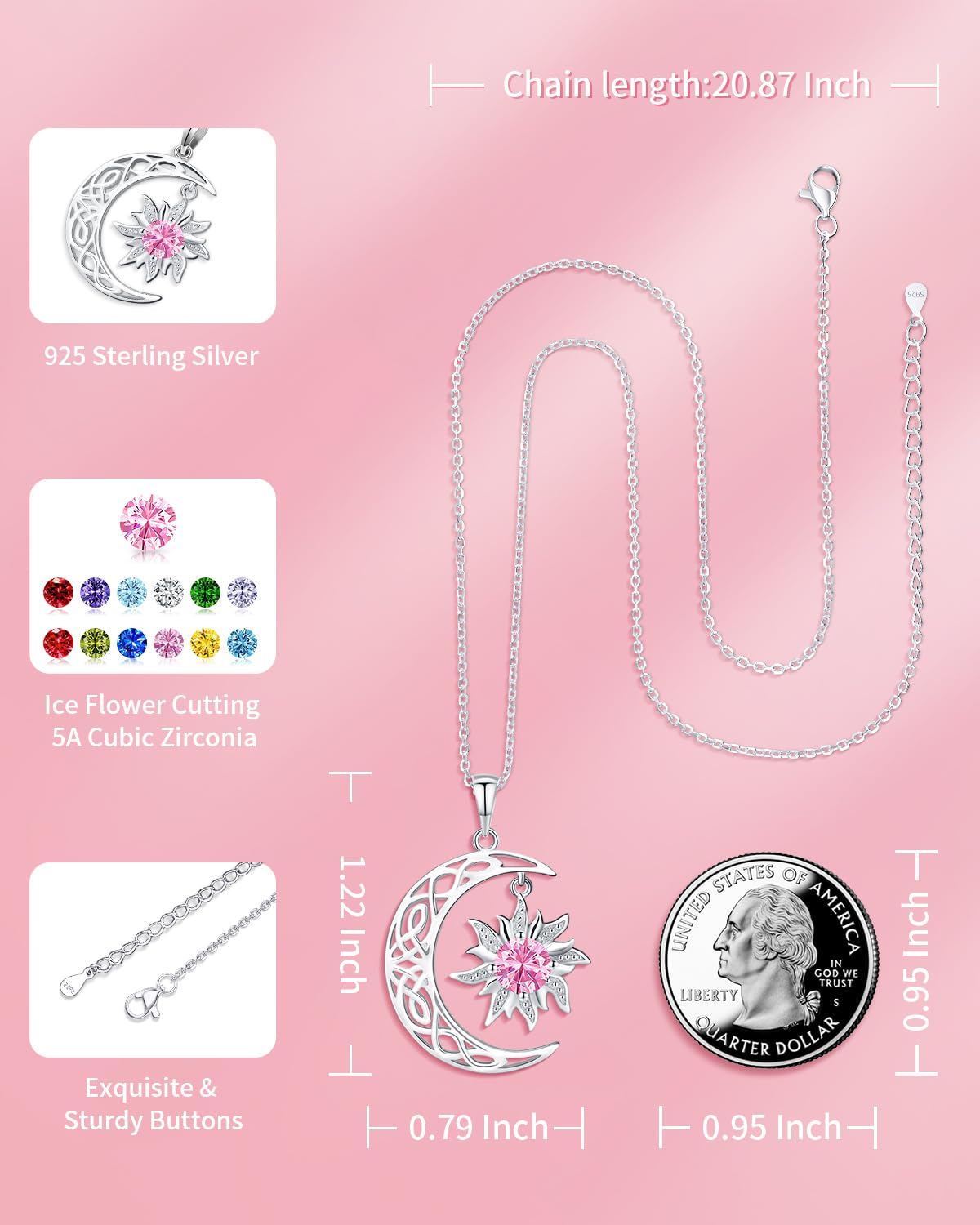 BDL Sun and Moon Couple Necklace - Birthstone Necklaces Symbol of Harmony in 925 Sterling Silver,Unique Gift for Her or Him - Eternal Love Connection: Oct. Sun Moon