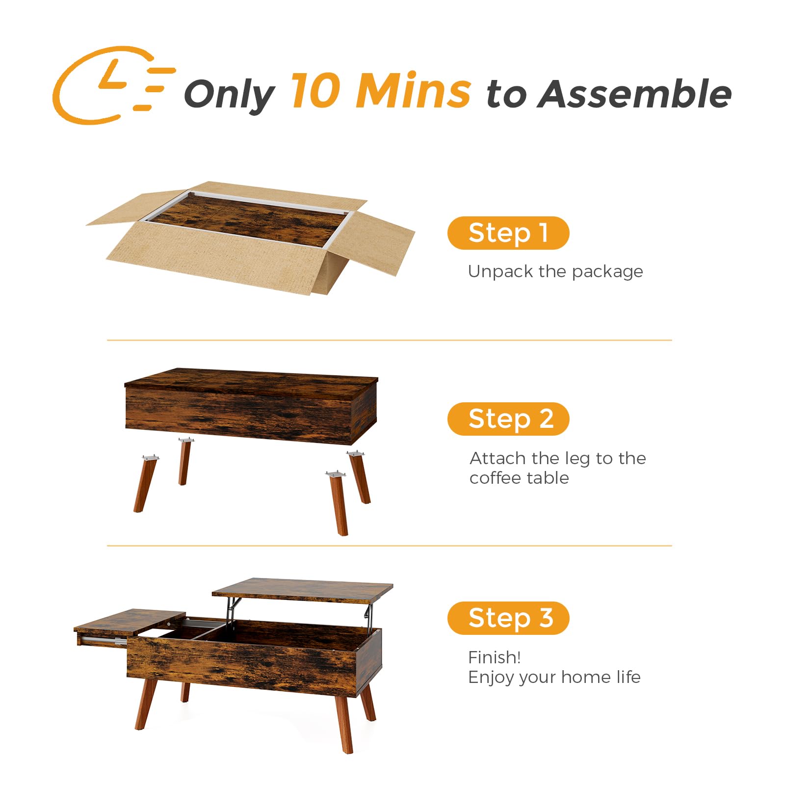 Bidiso Lift Top Coffee Table - Ten Minute Install Center Table with Hidden Storage, Rising Tabletop for Living Room,: Rustic Brown