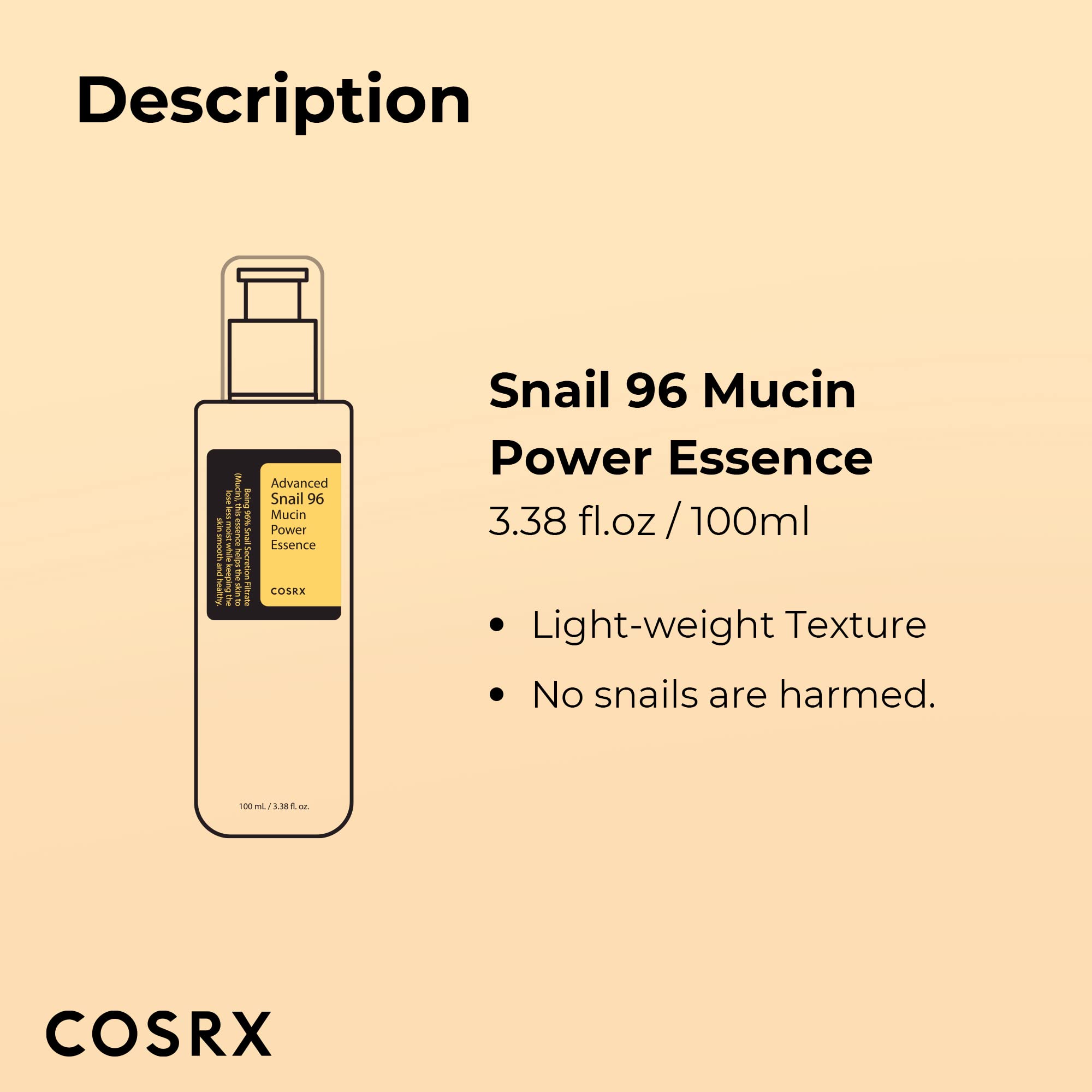 COSRX Snail Mucin 96% Power Repairing Essence 3.38 fl.oz 100ml, Hydrating Serum for Face with Snail Secretion Filtrate for Dull Skin & Fine Lines, Korean Skin Care: 3.35 Fl Oz (Pack of 1)