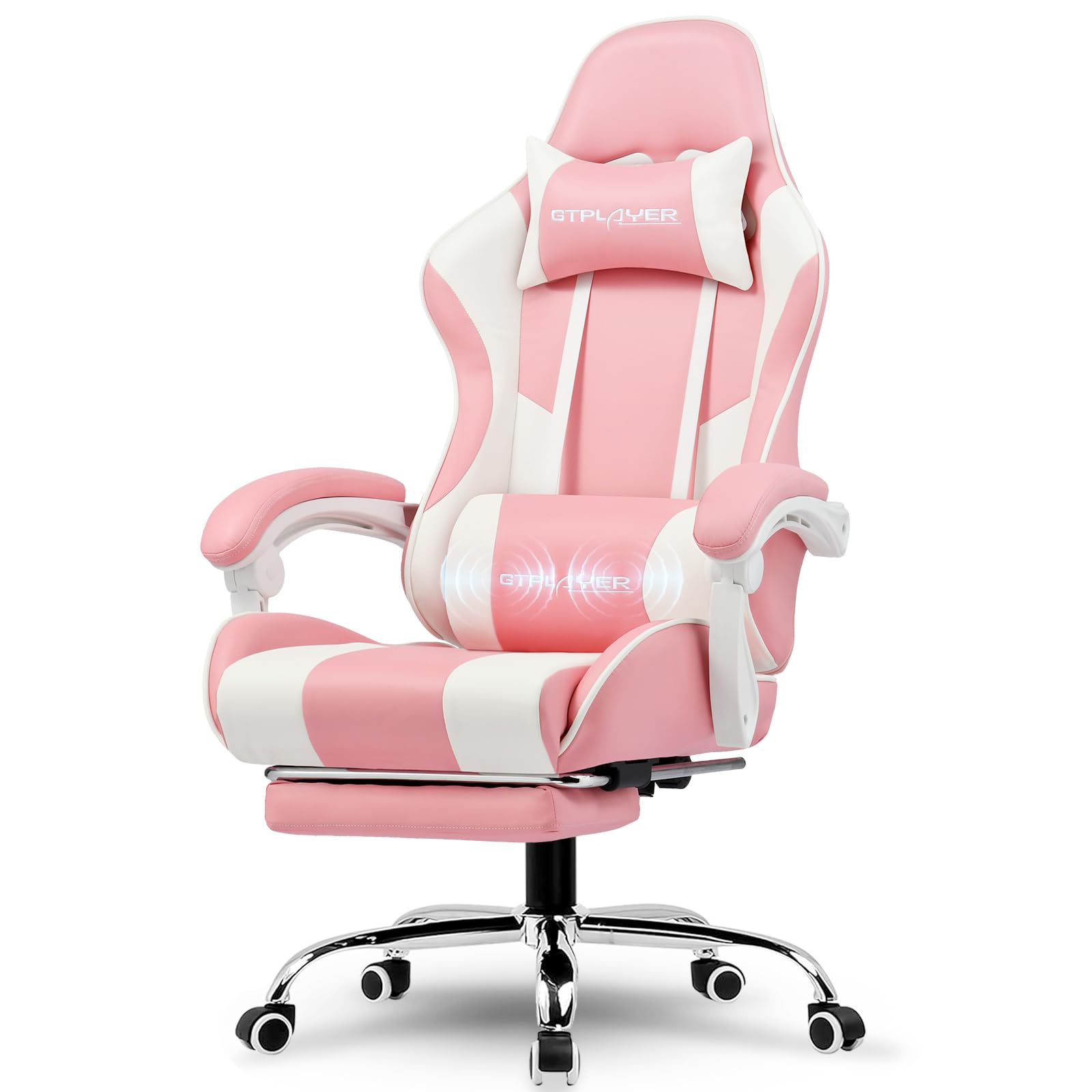 GTPLAYER Gaming Chair, Computer Chair with Footrest and Lumbar Support, Height Adjustable Game Chair with 360°-Swivel Seat and Headrest and for Office or Gaming (Faux Leather, )