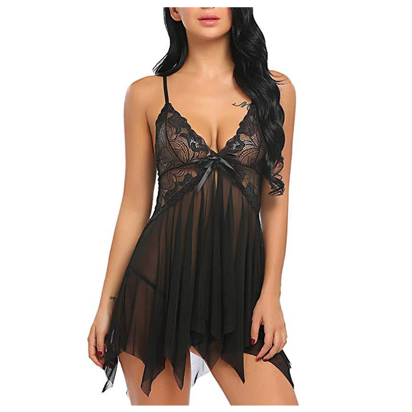 maisdgop Women Lingerie Bodysuit Sexy Mesh See Through Pajama Set Fashion Erotic Bra Panties Outfits Casual Homewear Sets: Medium 01 Black