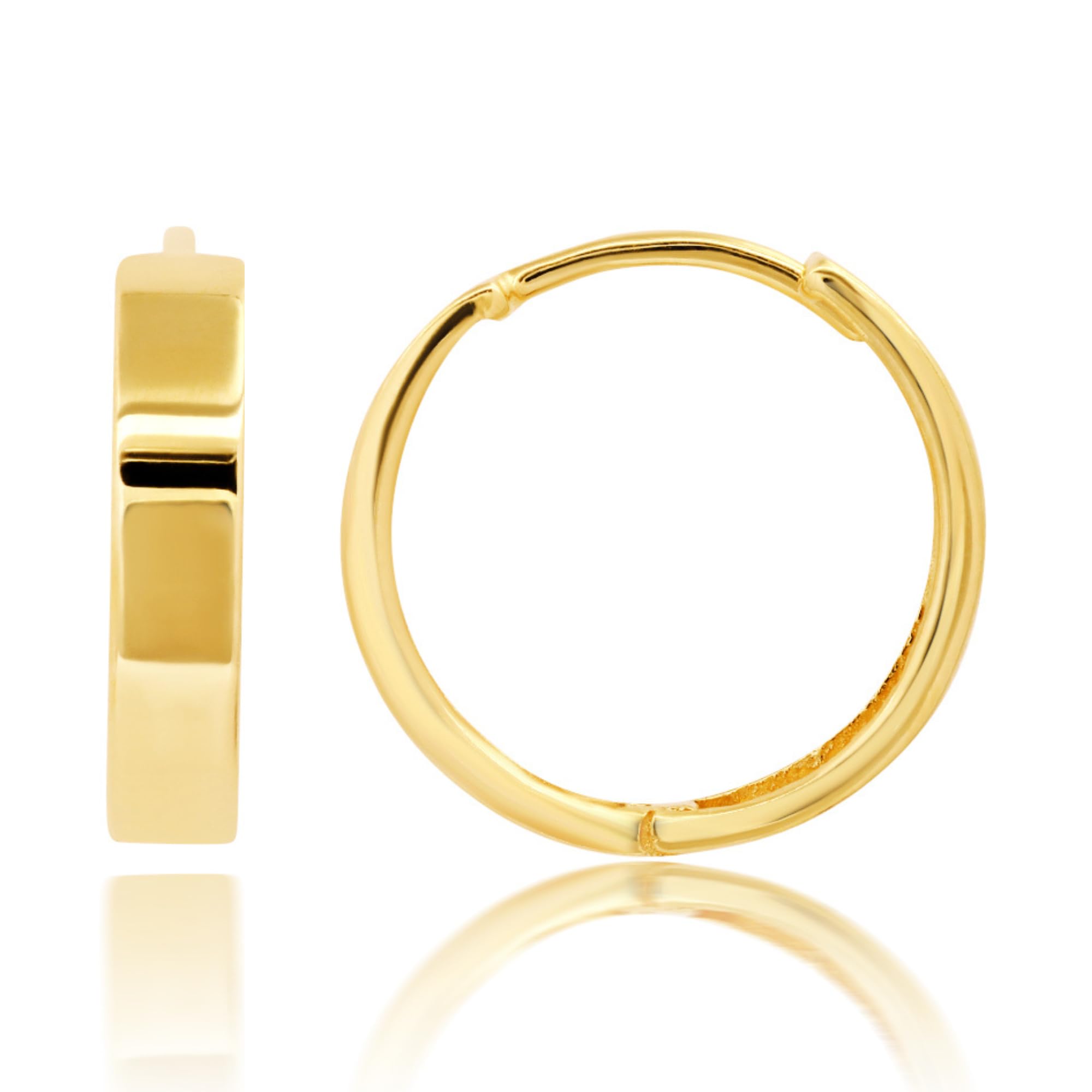 14K Solid Yellow Gold Huggie Earrings | Hypoallergenic Domed or Flat Style Small Hoop Earrings in Sizes 10mm, 12mm & 14mm | Small Gold Hoops by MAX + STONE: Flat Style|14MM