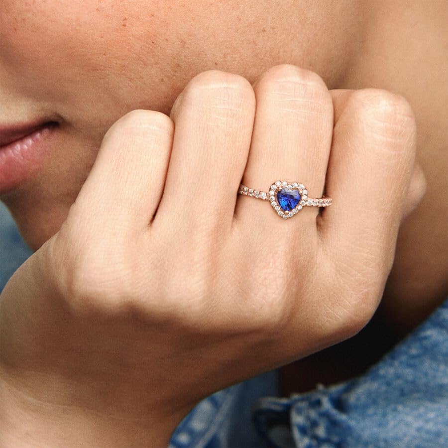 Pandora Sparkling Elevated Heart Ring - Rose Gold Ring for Women - Layering or Stackable Ring - Gift for Her 14k Rose with Cubic Zirconia - With Gift Box: Blue 4.5