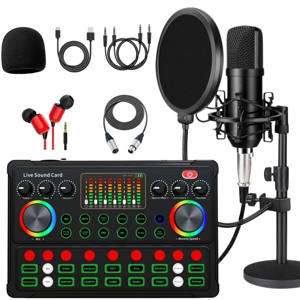 SKTEET Podcast Equipment Bundle, with BM800 Podcast Microphone and V8 Sound Card, Voice Changer - Audio Interface -Perfect for Recording, Singing, Streaming and Gaming (): M300