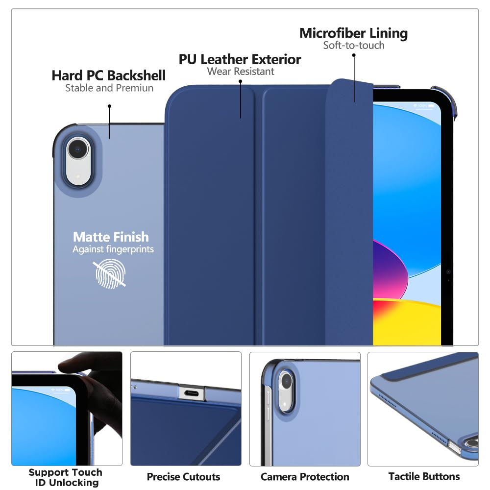 MoKo Case for iPad (A16) 11th Generation 11 Inch 2025, iPad 10th Generation 10.9 inch 2022, Slim Stand Protective Cover with Hard PC Translucent Back Shell Cover, Support Touch ID, Navy Blue