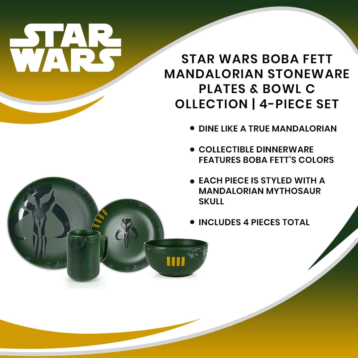 Star Wars Boba Fett Mandalorian Dinnerware Dining Set | Official Star Wars Collectible Stoneware Display | Includes Plates, Bowl, And Mug | 4-Piece Set