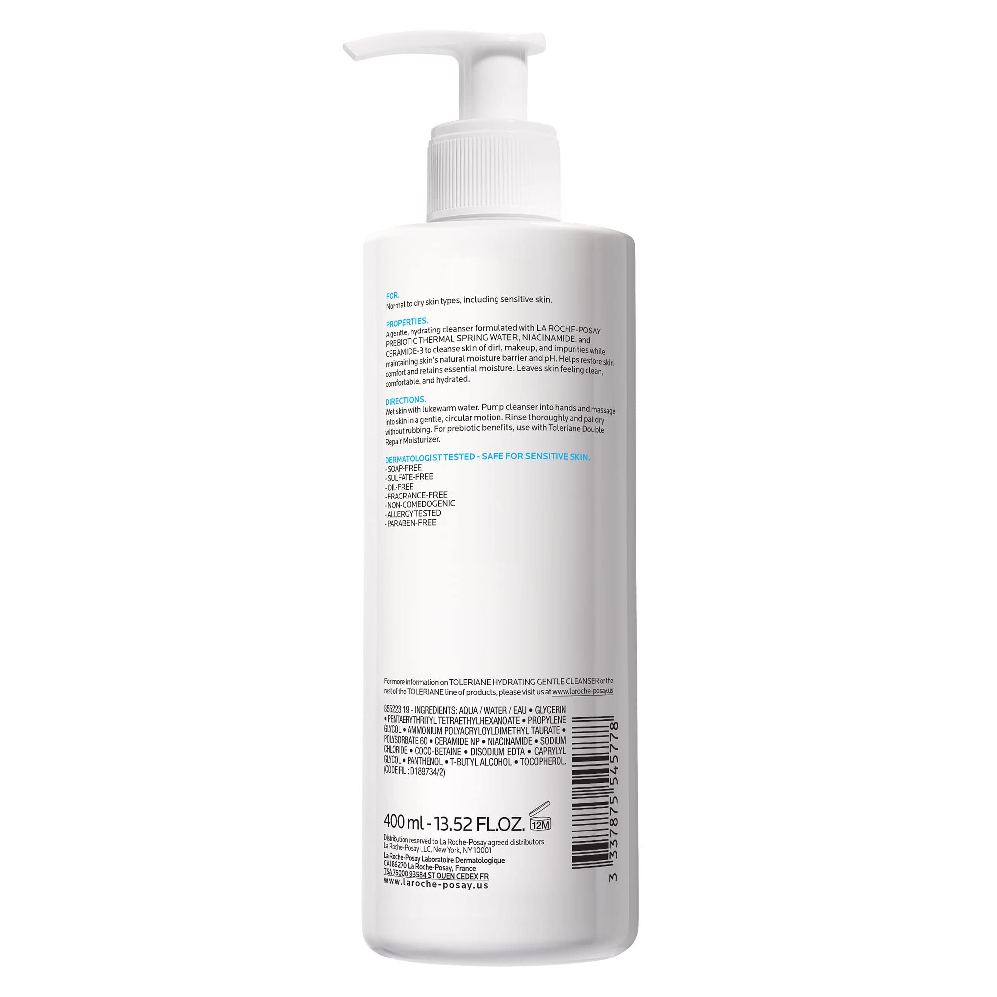La Roche-Posay Toleriane Hydrating Gentle Face Cleanser, Hydrating Facial Cleanser With Niacinamide + Ceramides, Daily Face Wash For Dry Skin To Normal Skin, Sensitive Skin Tested, Fragrance Free: 13.52 Fl Oz (Bottle)