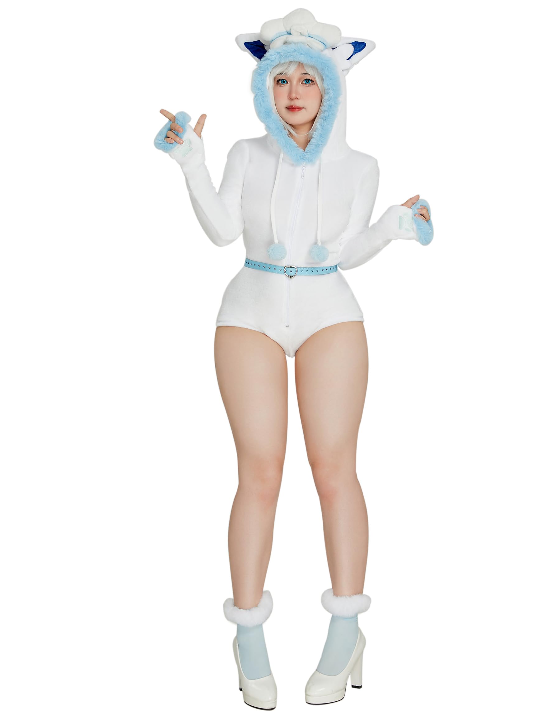 Mobbunny Women's Anime Cosplay Costume Fluffy Romper Onesie Pajamas White Blue Furry Hooded Bodysuit Bodycon Sleepwear: Small
