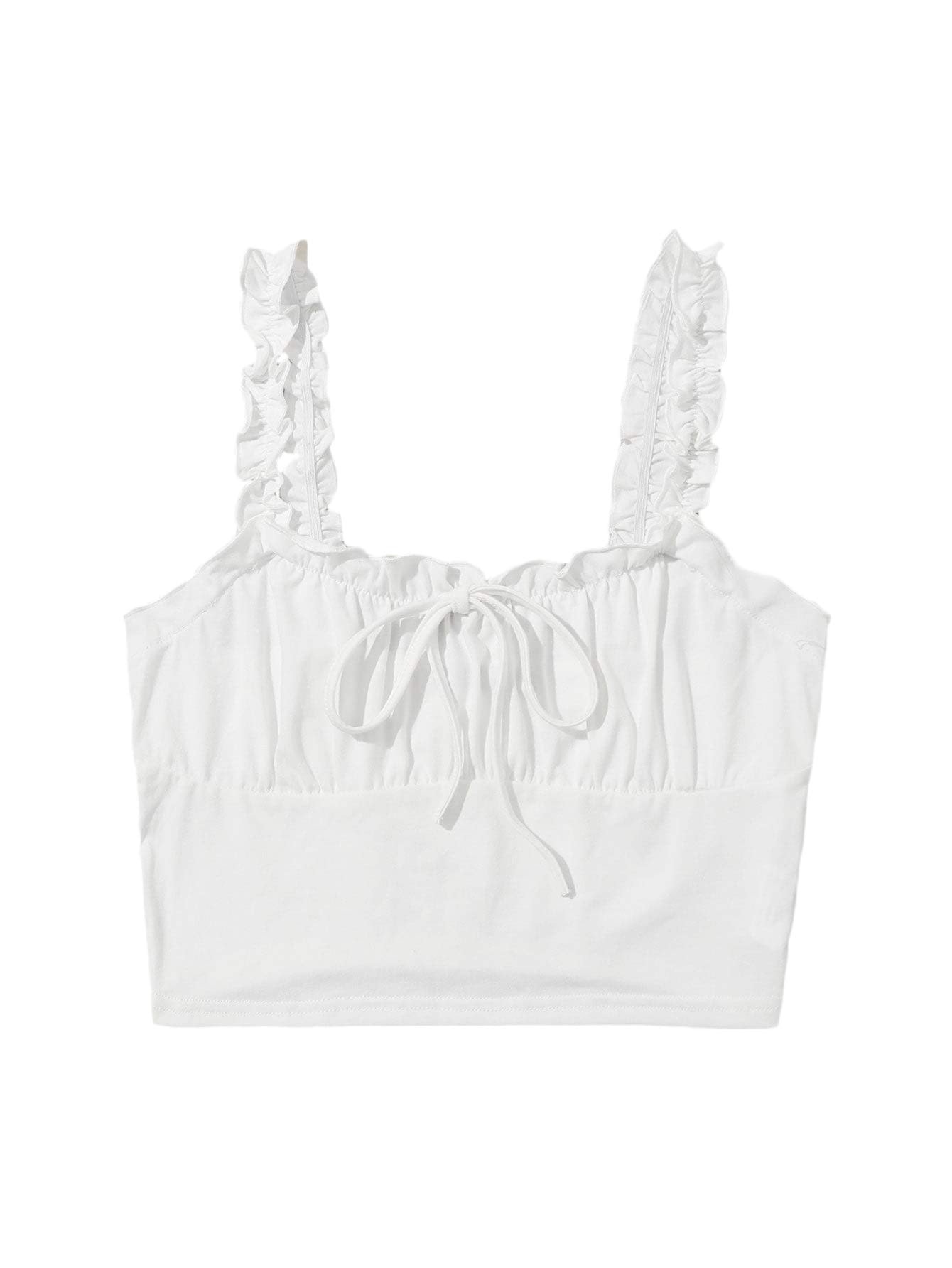 Verdusa Women's Frill Trim Strap Tie Knot Ruched Front Bustier Crop Top