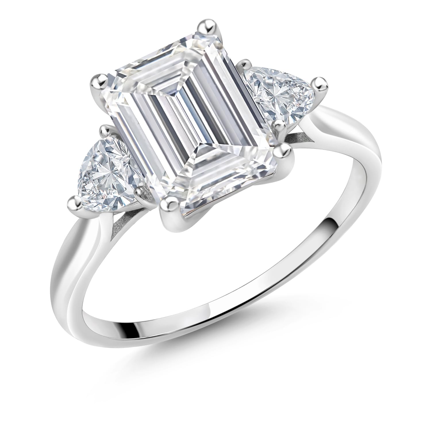 10K White Gold Gemstone Birthstone and White Moissanite 3-Stone Engagement Ring for Women | Emerald Cut 9X7MM and Trillion 4MM | Fine Jewelry for Wedding Anniversary Promise | Sizes 5, 6, 7, 8, 9 thumbnail 2