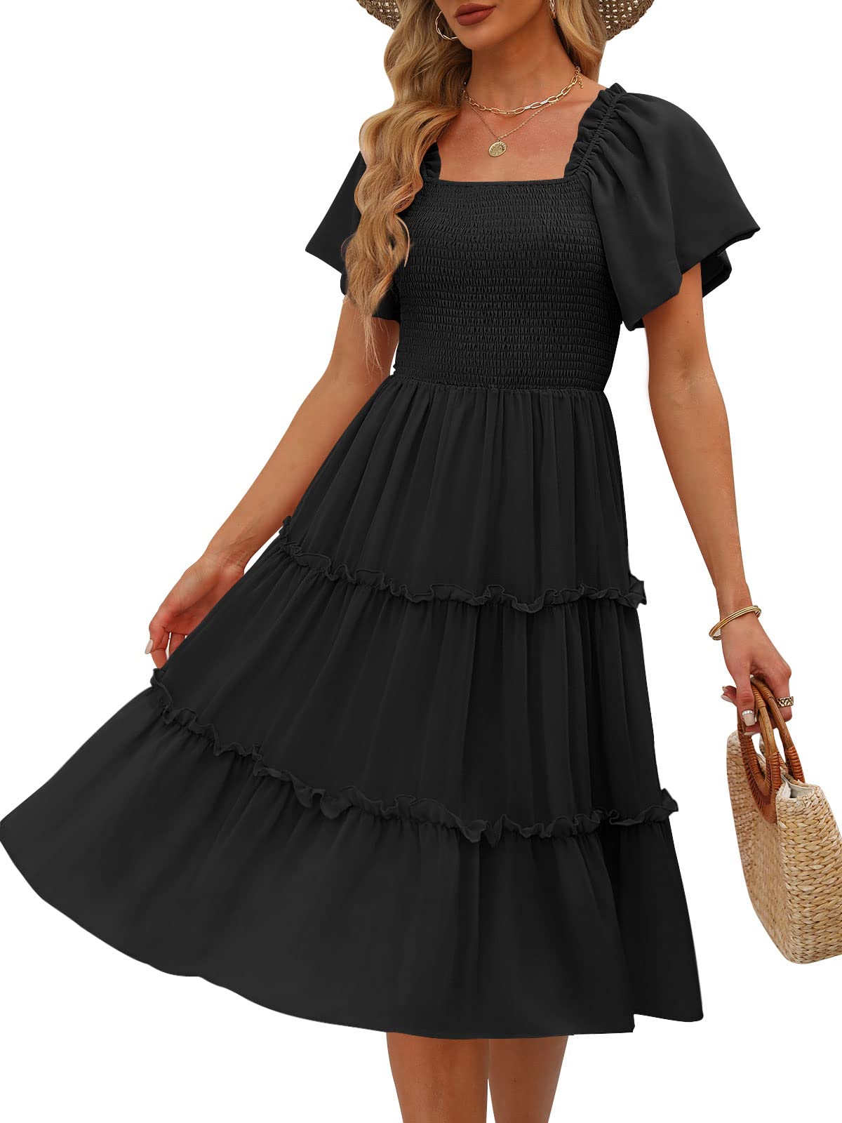 LILLUSORY Women's Summer Casual Flutter Sleeve Square Neck Smocked Midi Dress: Medium Black