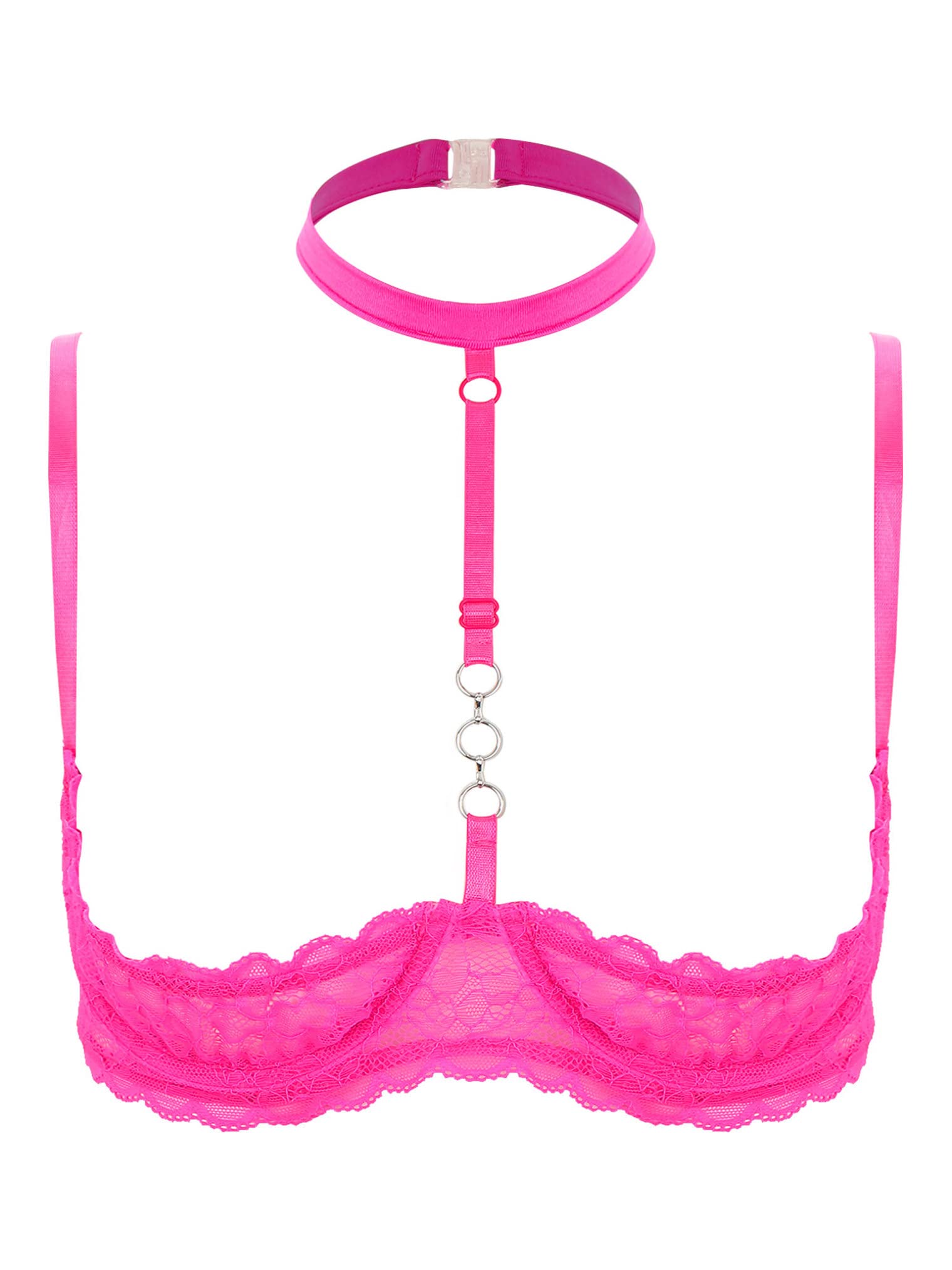 Hularka Women's Mesh Sheer Lace Unlined Bra Halter Neck Shelf Bra Push Up Brassiere Lingerie