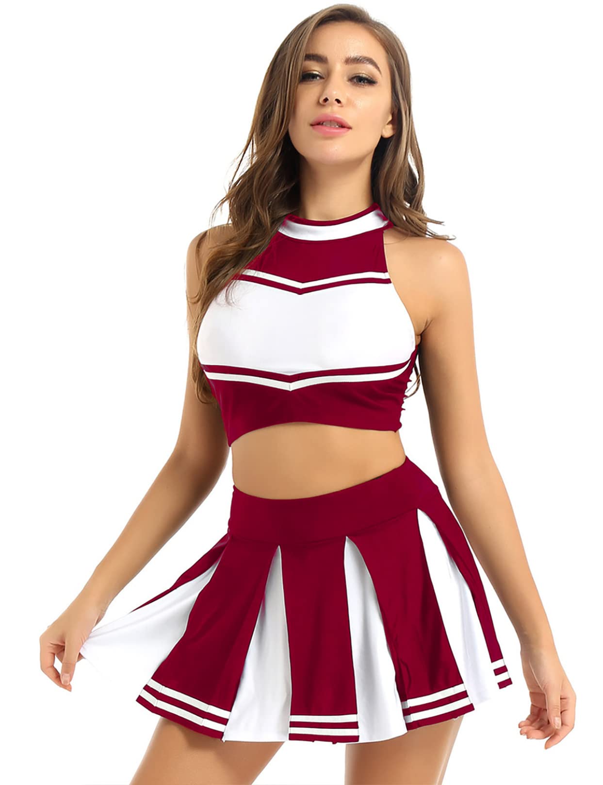 TSSOE Women Cheer Leader Costume Uniform Cheerleading Adult Dress Outfit Crop Top with Pleated Mini Skirt: Wine Red Small