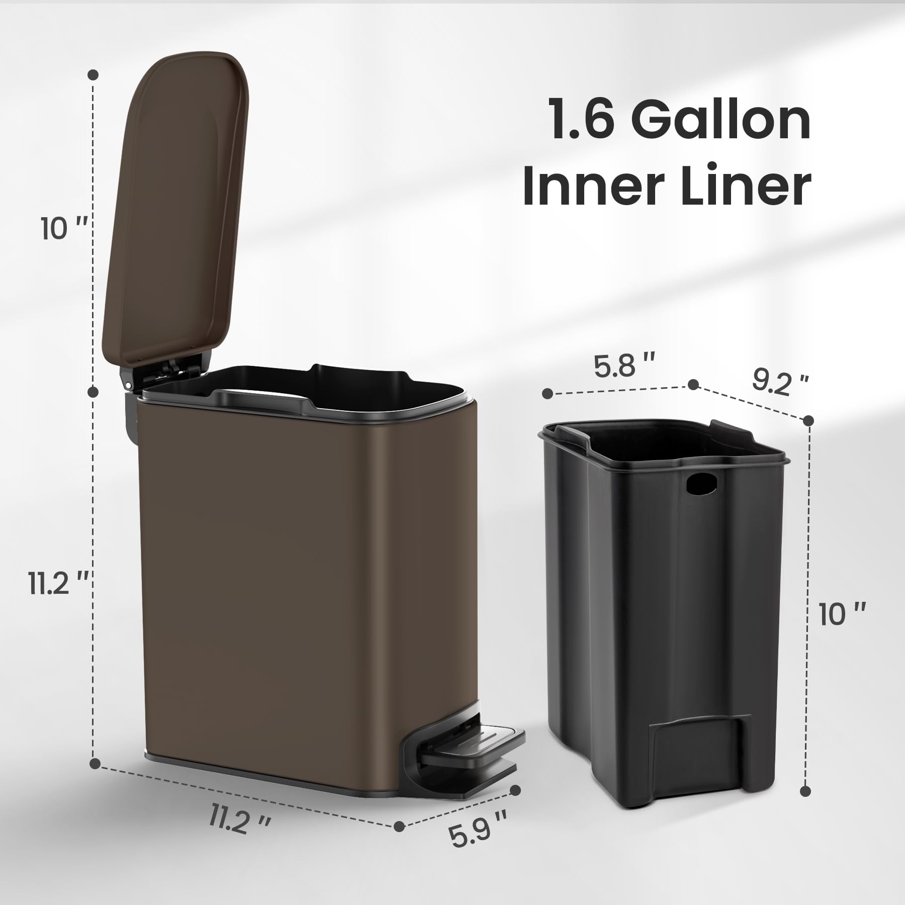 Cesun Small Bathroom Trash Can with Lid Soft Close, Step Pedal, 6 Liter / 1.6 Gallon Stainless Steel Garbage Can with Removable Inner Bucket, Anti-Fingerprint Finish (): Brown
