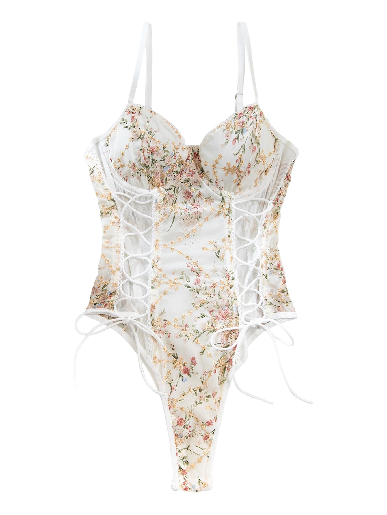 Lilosy Women Sexy Lace Up Floral Embroidered Teddy Lingerie Bodysuit Top Mesh Sheer One Piece: Small Crushed Flower White