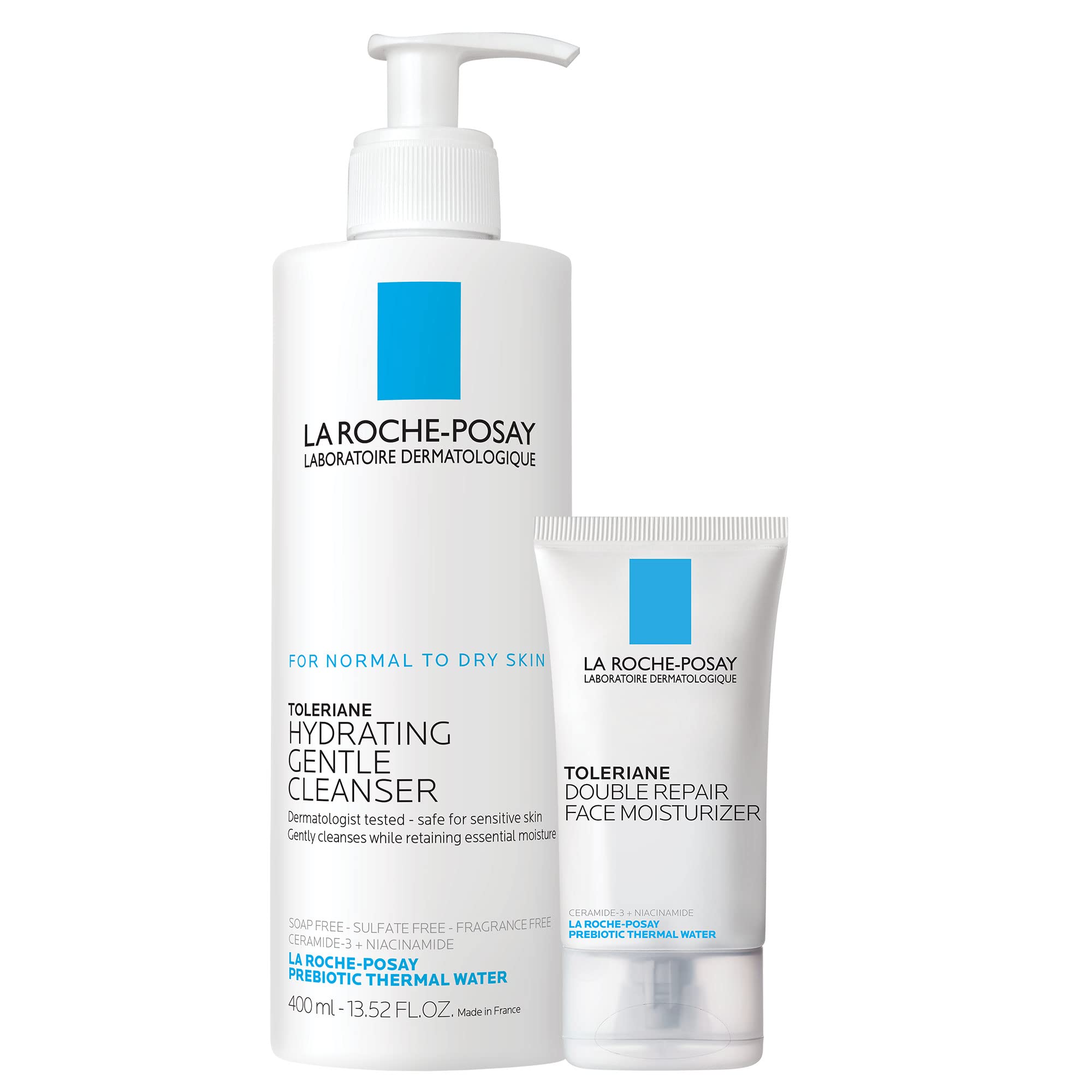 La Roche-Posay Toleriane Hydrating Gentle Face Cleanser, Hydrating Facial Cleanser With Niacinamide + Ceramides, Daily Face Wash For Dry Skin To Normal Skin, Sensitive Skin Tested, Fragrance Free: 14.87 Fl Oz (Bottle + Moisturizer)