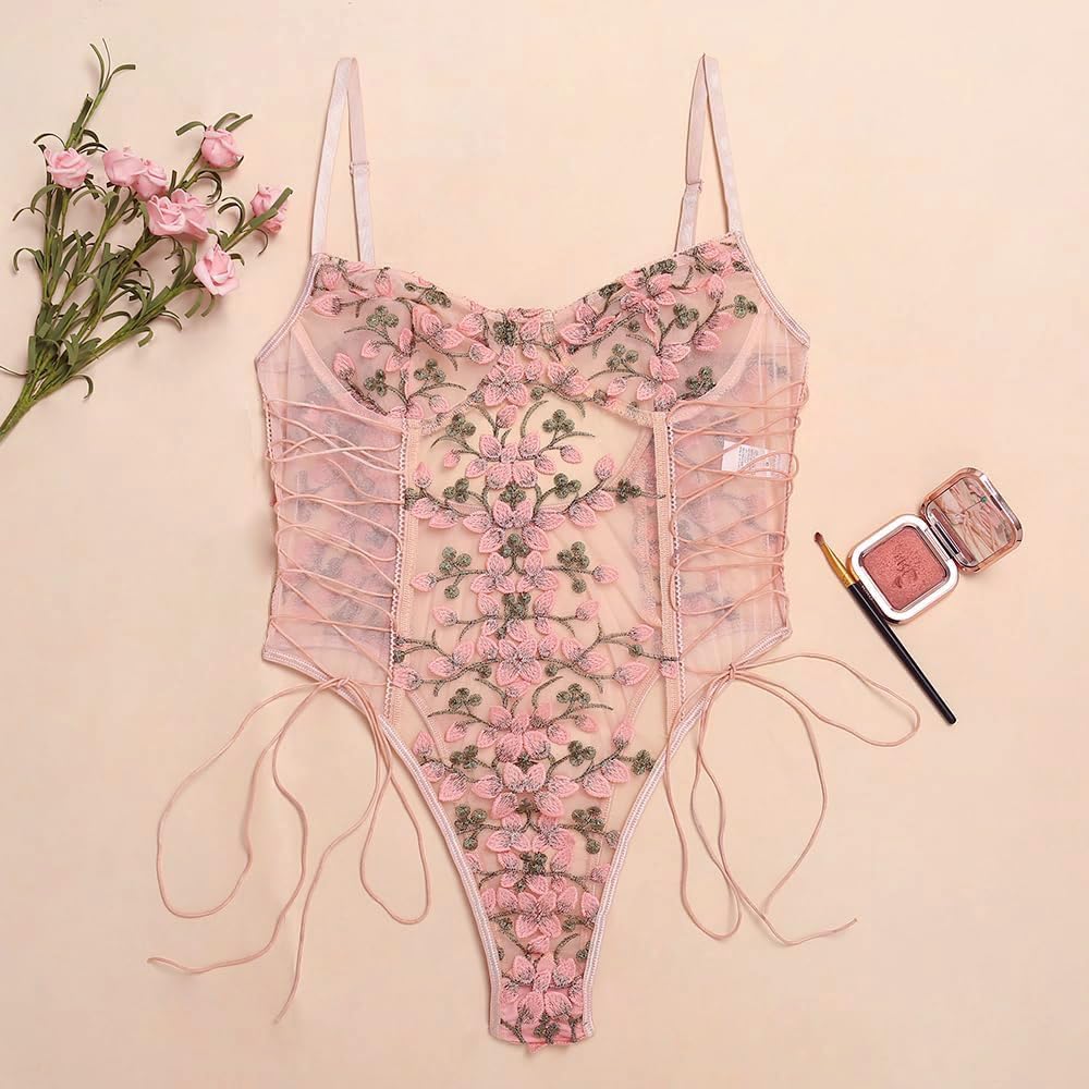 Lilosy Women Sexy Lace Up Floral Embroidered Teddy Lingerie Bodysuit Top Mesh Sheer One Piece: Small Pink