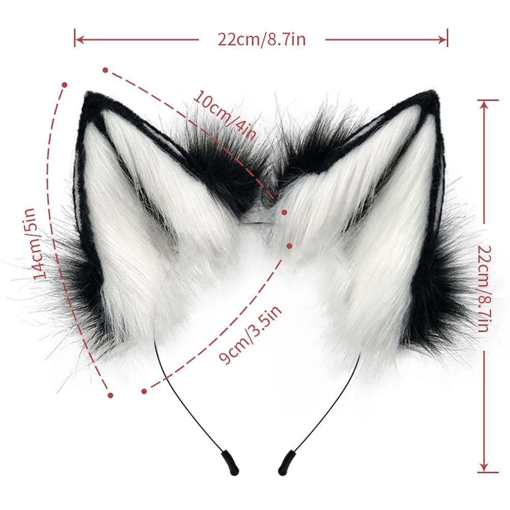 JUNBOON Faux Fur Cat Ears and Wolf Fox Tail Set Adult Kids Claw Glove Kit for Halloween Anime Cosplay Party: 1-whiteblack
