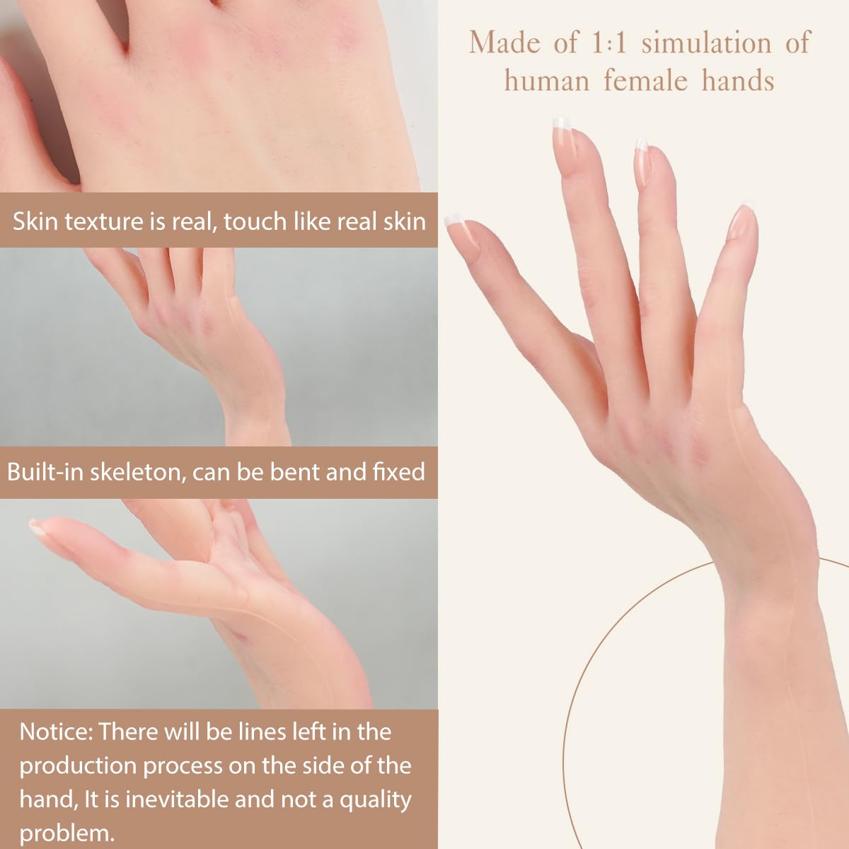KUMIHO Realistic Silicone Female Hand Model Fake Hand for Jewelry Display Tattoo Training Practice Art Sketch with Nails, 1 Pair -with Skeleton, White: White 1 Pair -With Skeleton
