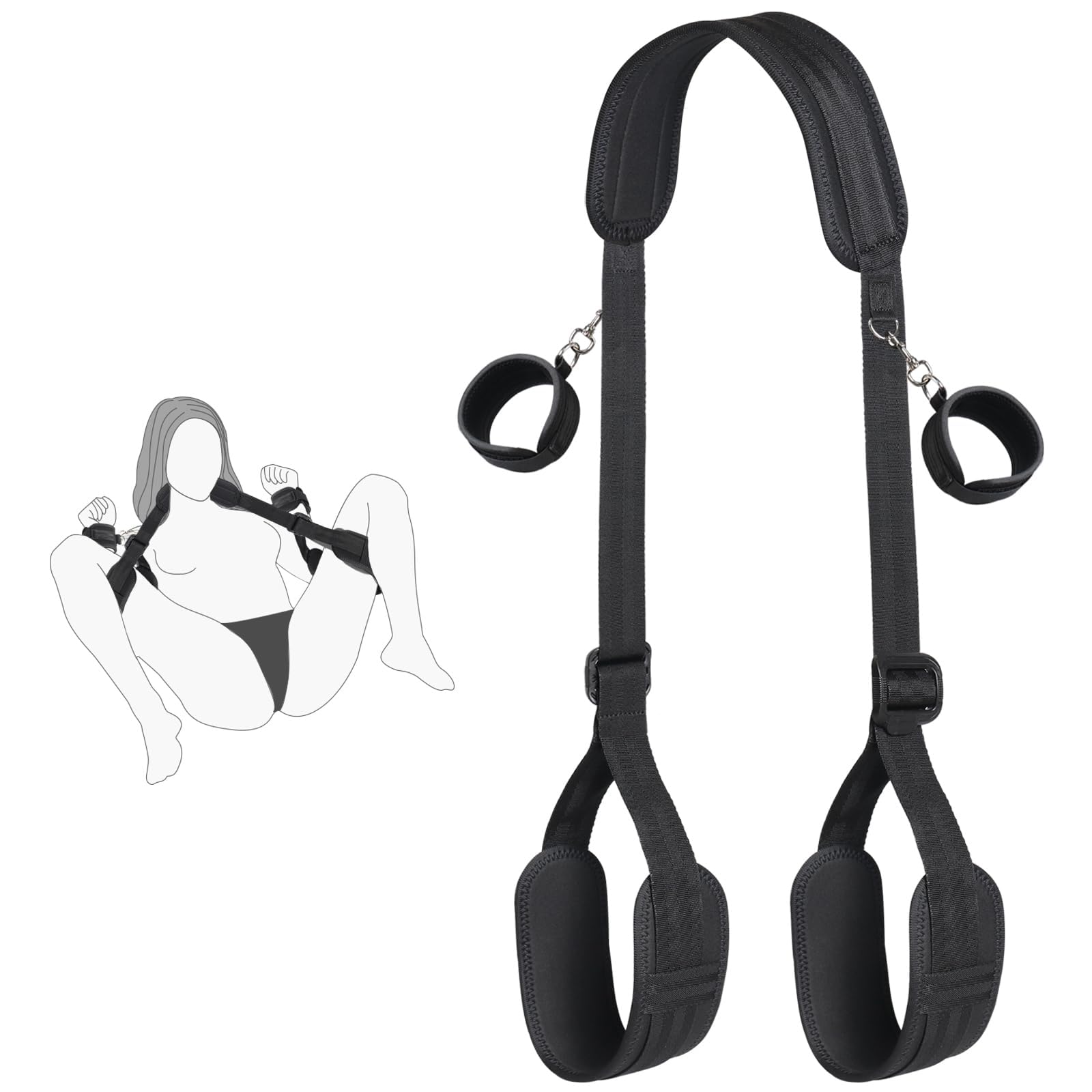 Sex Bondage BDSM Kit, Bed Restraints Set with Handcuffs Neck to Thigh/Ankle, Adjustable Leg Straps&Handcuffs for SM Adult Couples Game Play, Sex Toy for Women Beginner Leg Straps Tie Set Rope: Black