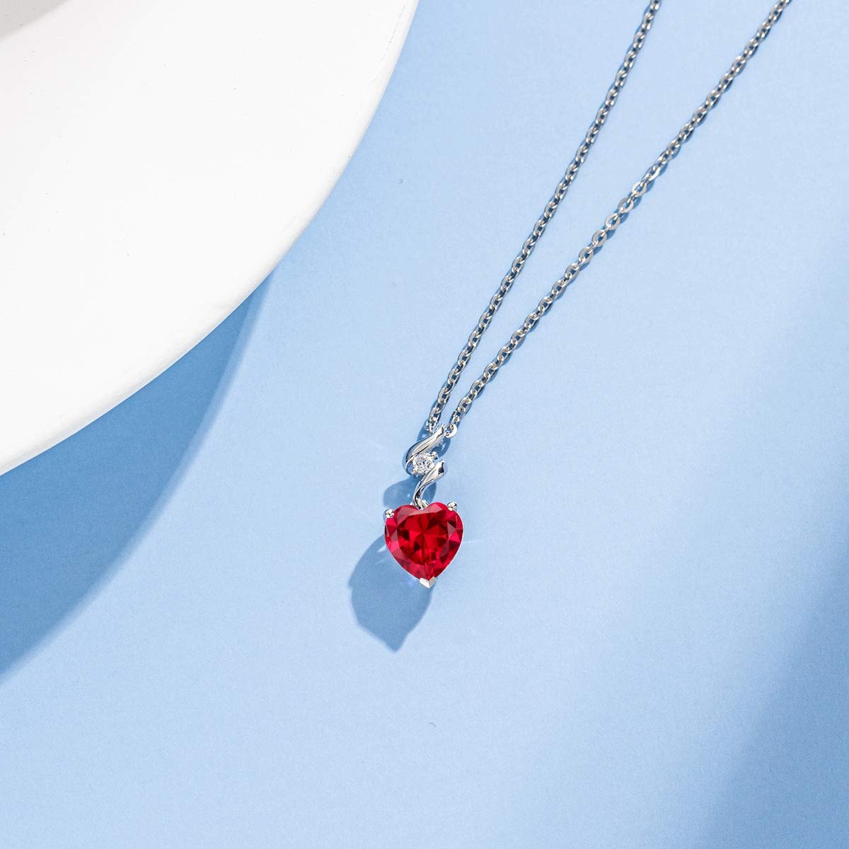 AGVANA 14K Solid White Gold Diamond Gemstone Pendant with Sterling Silver Chain 8mm Heart Birthstone Necklace Fine Jewelry Anniversary Birthday Gifts for Women Mom Wife: Ruby