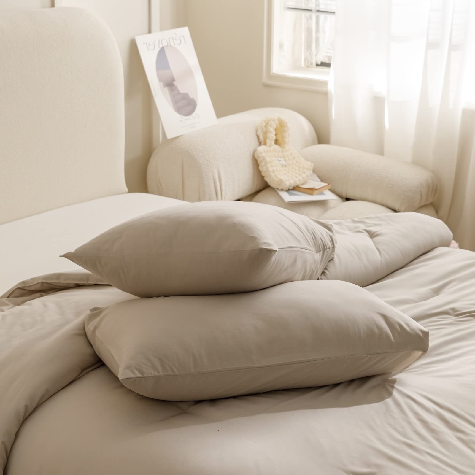 ROSGONIA Queen Comforter Set Oatmeal, 3pcs(1 Boho Oatmeal Comforter & 2 Pillowcases) All Season Soft Bedding Lightweight Bedspread Blanket Quilt: Queen Comforter 90"x90" Oatmeal