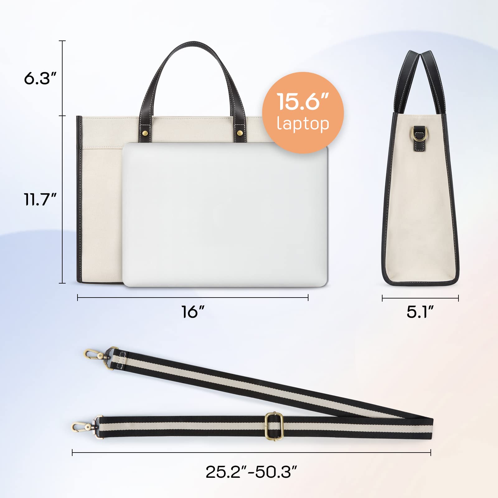Missnine Tote Bag Canvas Laptop Bag 15.6 inch Briefcase for Women Large Capacity Handbag for Office, College, Travel (Black+Beige)