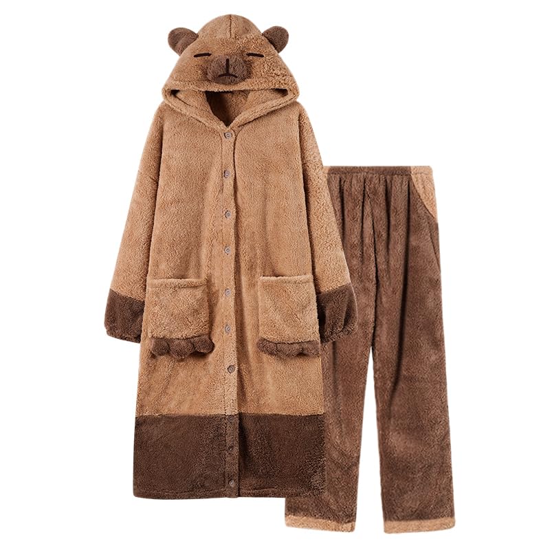 Capybara Hooded Pajamas Set Pajamas Set Winter Sleepwear Pockets indoor outdoor Y2k Aesthetic Cute: Robe+pants Small