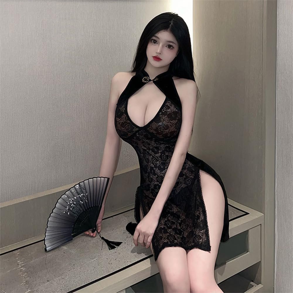 Temptshow Sexy Cheongsam Transparent Pajama Dress Uniform Cosplay Women's Lace Chinese Lingerie Costume